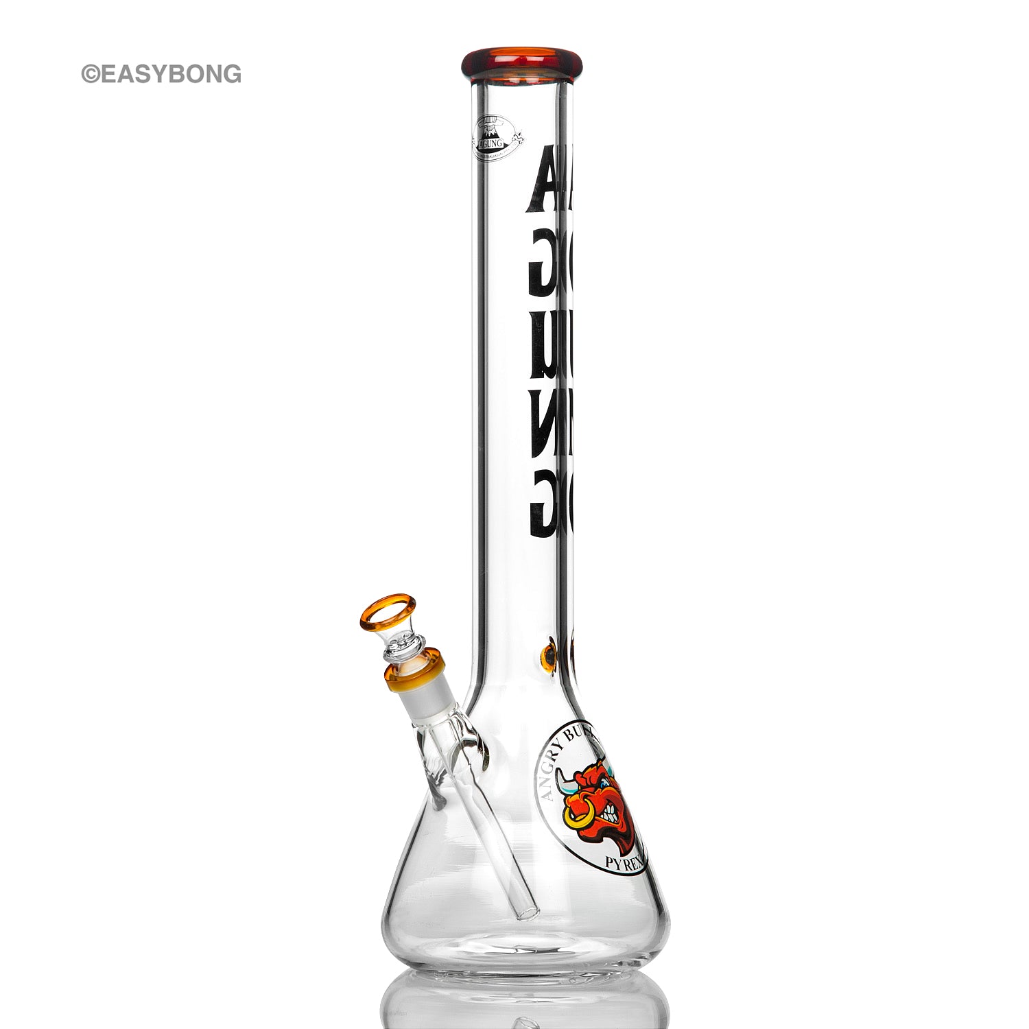 Agung tall glass beaker bongs with coloured accents.