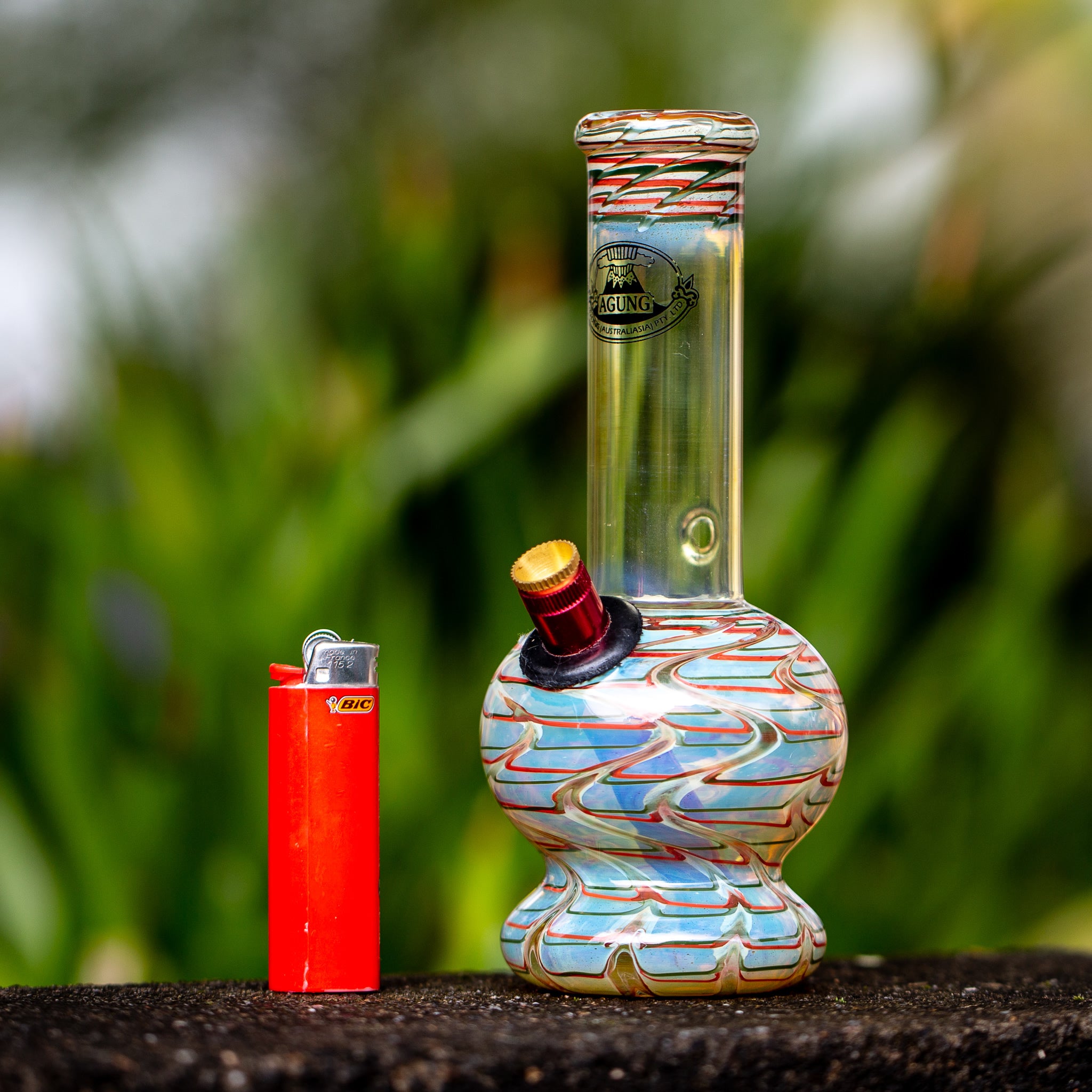 Aussie Agung fumed glass bubble bong outside.
