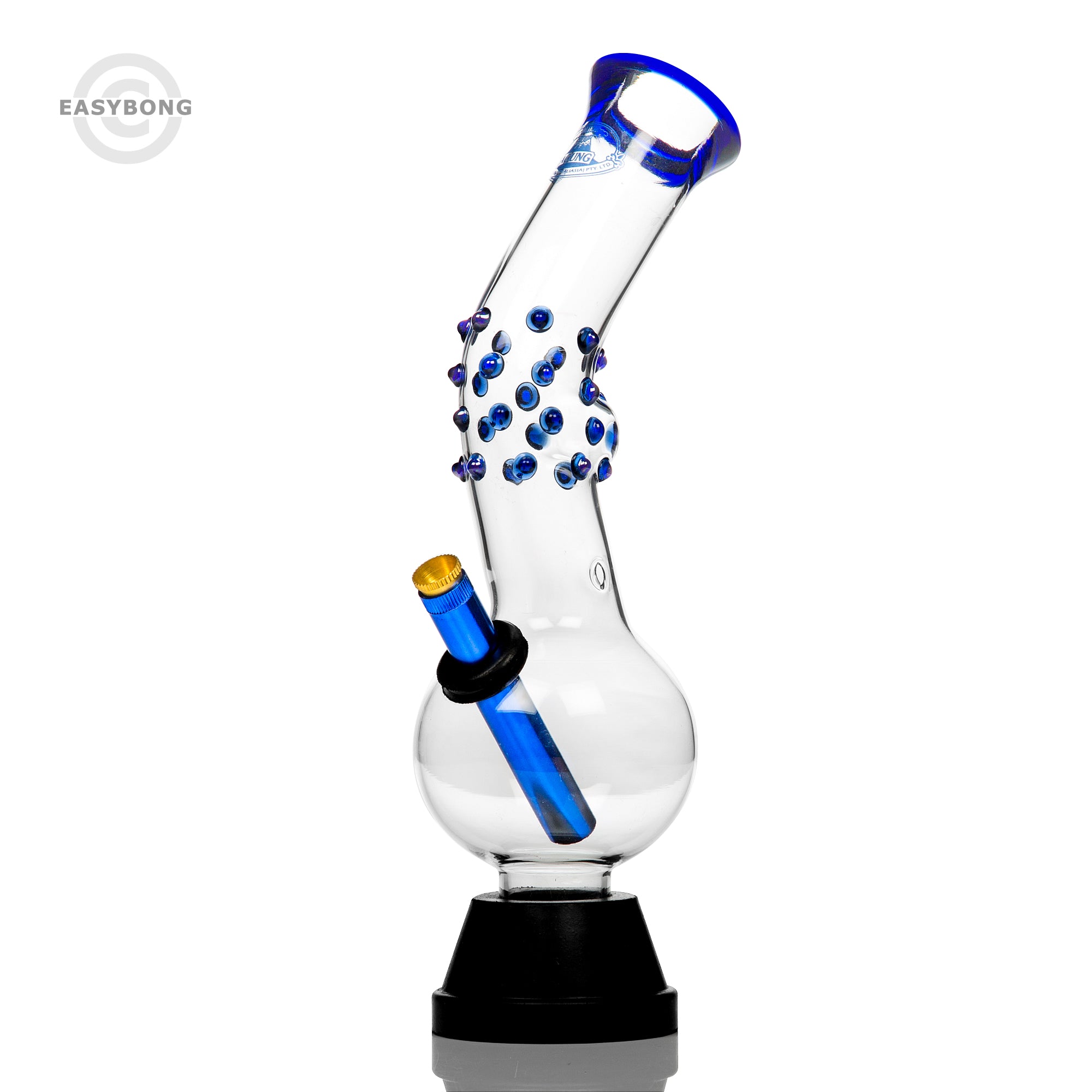 Agung Australian bent neck glass bubble bong with blue dots.