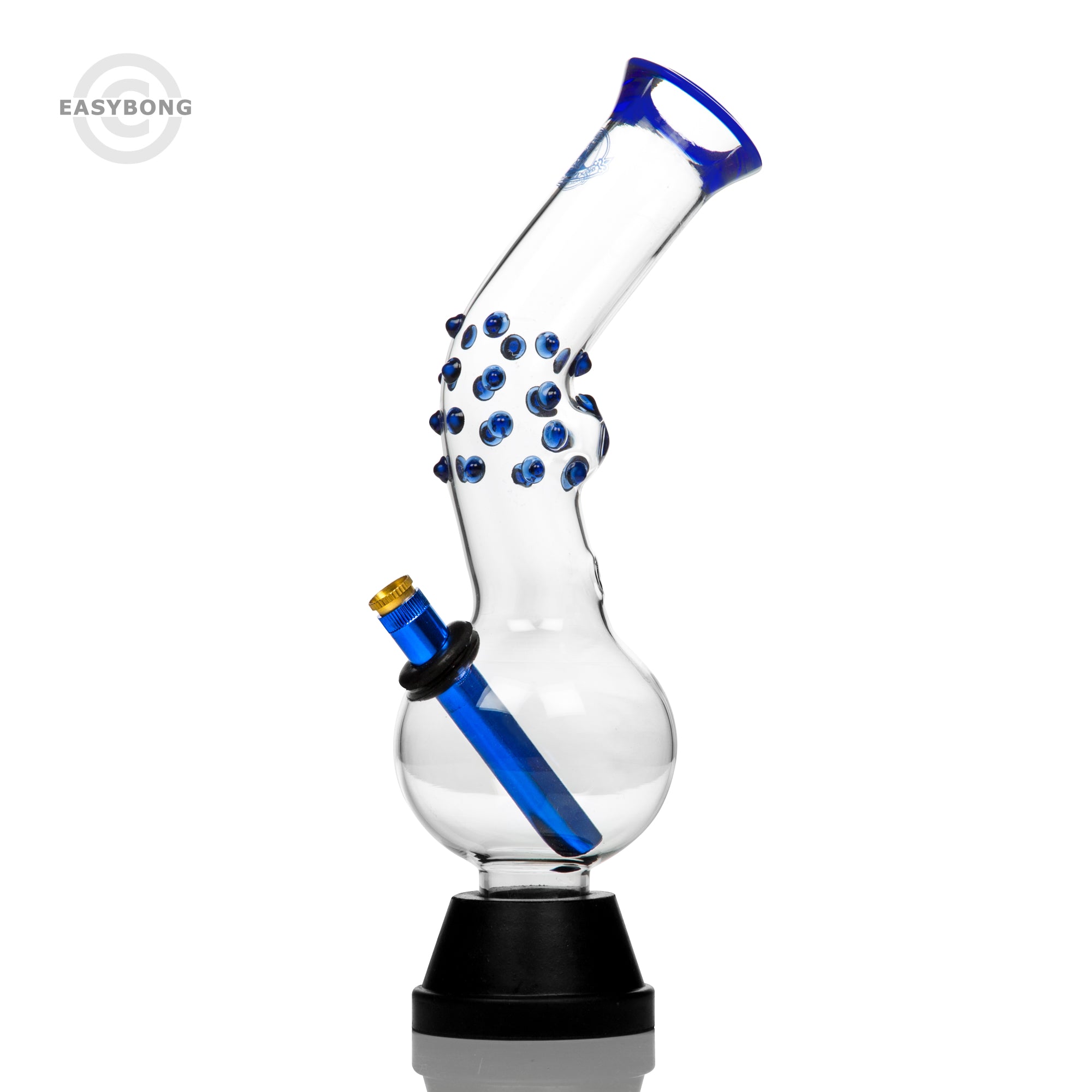 Agung Australian glass bong with bent neck and blue dots.