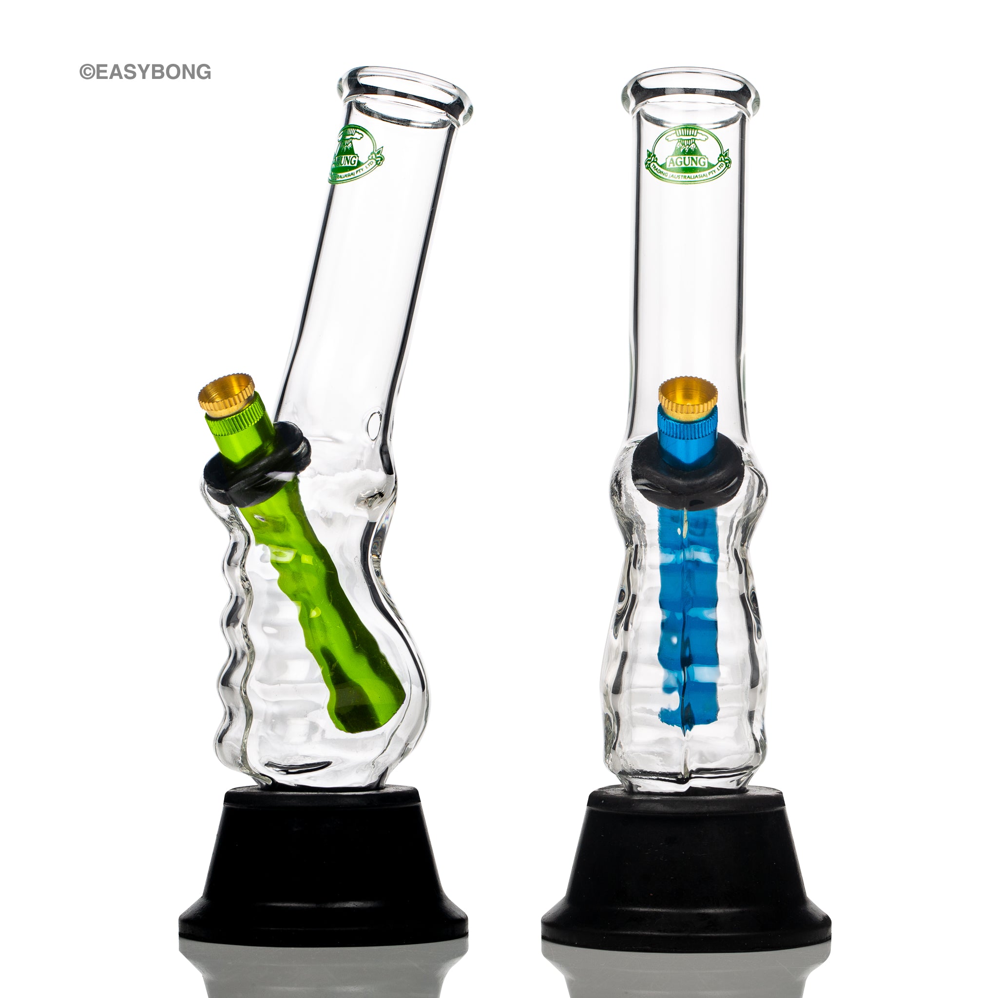 Agung pyrex glass gripper bongs with aluminium stem and brass cone piece.