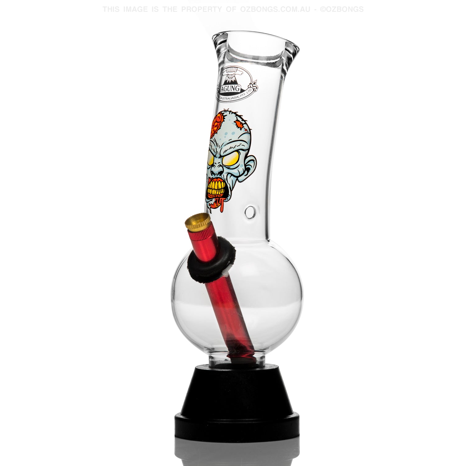 Zombie glass bong made by Agung Australia with metal stem and brass cone piece.
