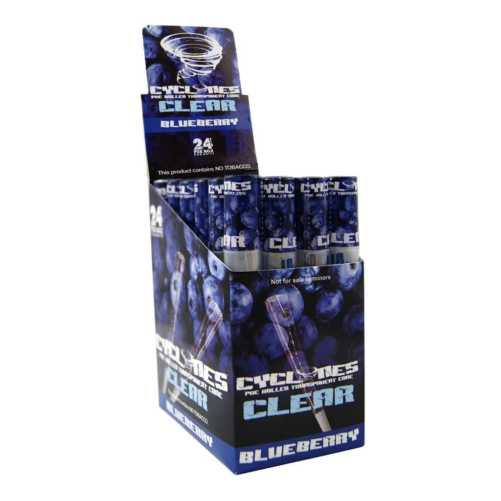Cyclones box of pre-rolled transparent cones in blueberry flavour.