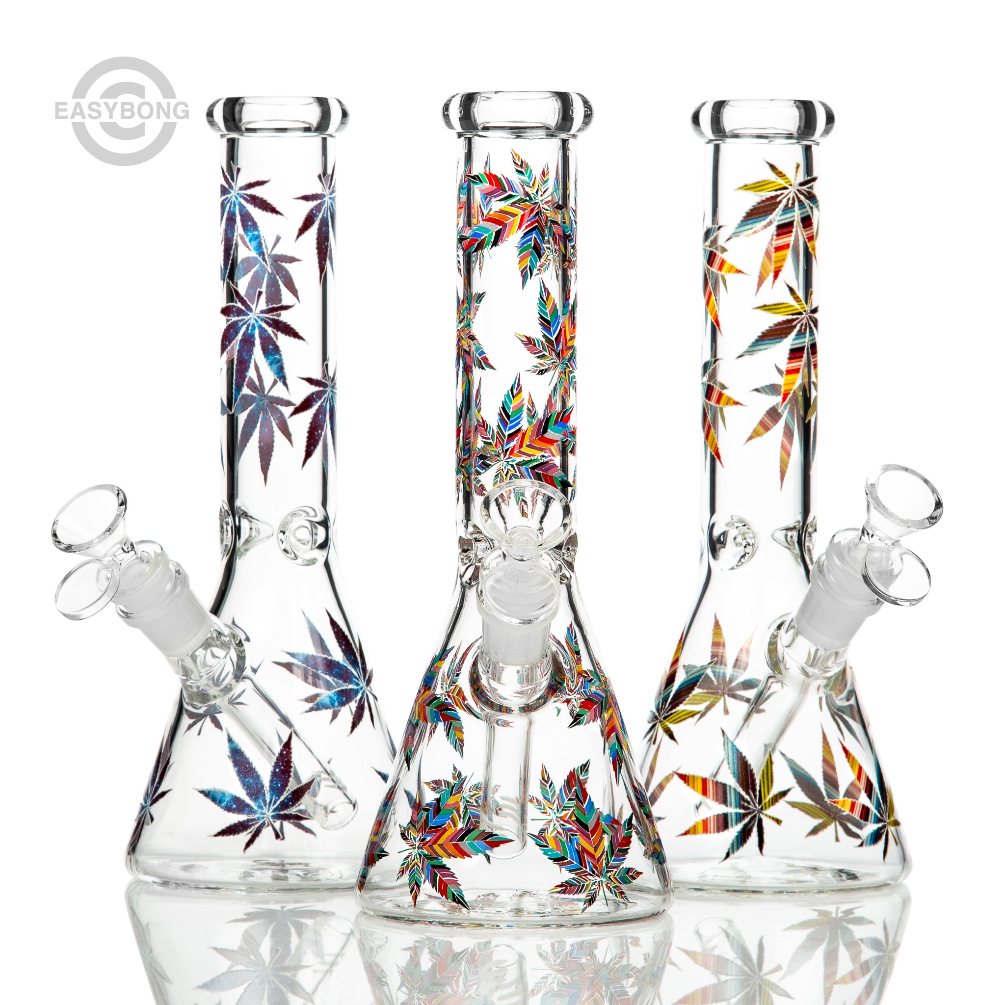 Buy cheap glass beaker bongs with cannabis leaf decals and comes with down stem and glass cone piece.