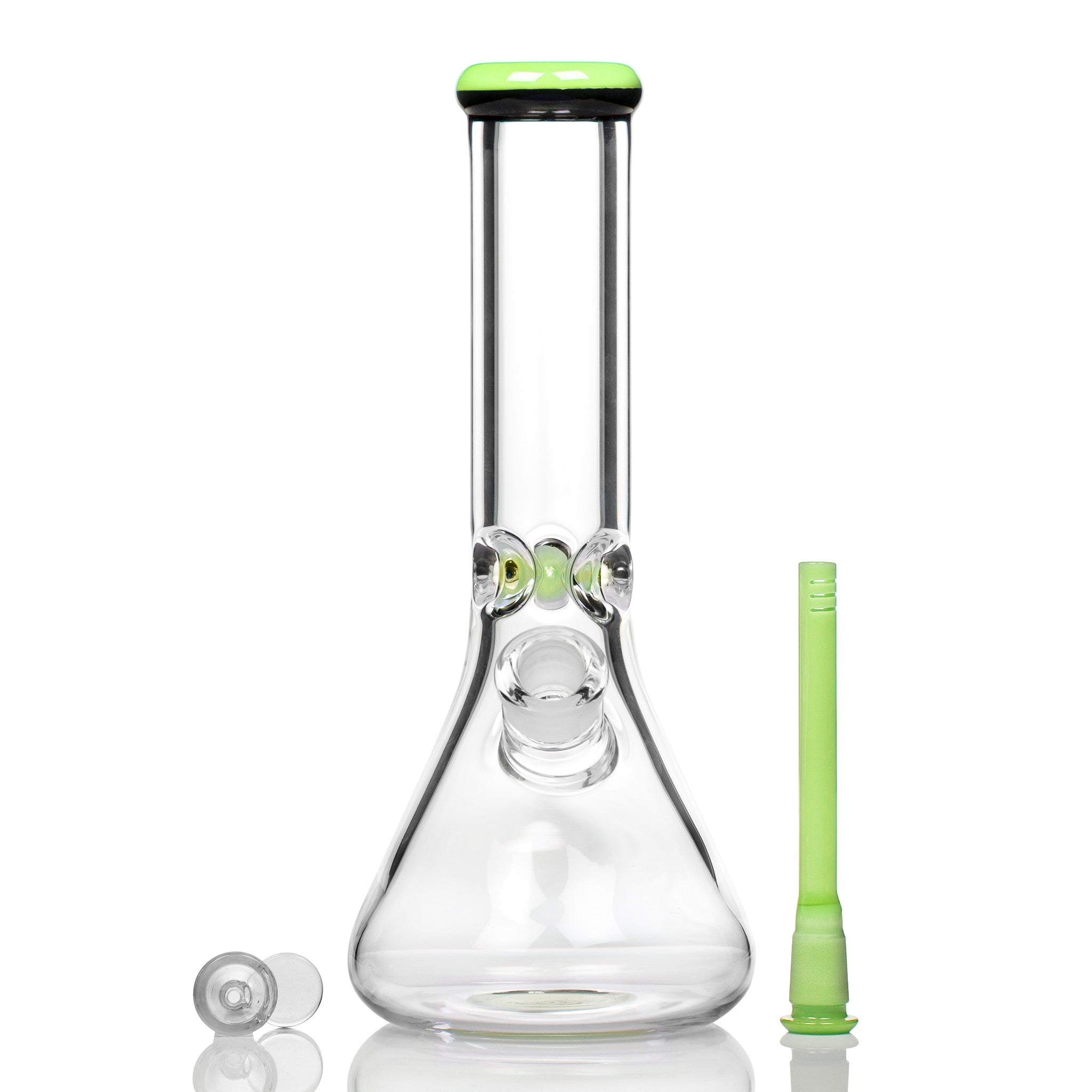 Cheap slime coloured strong glass beaker bong with matching stem and glass cone piece.