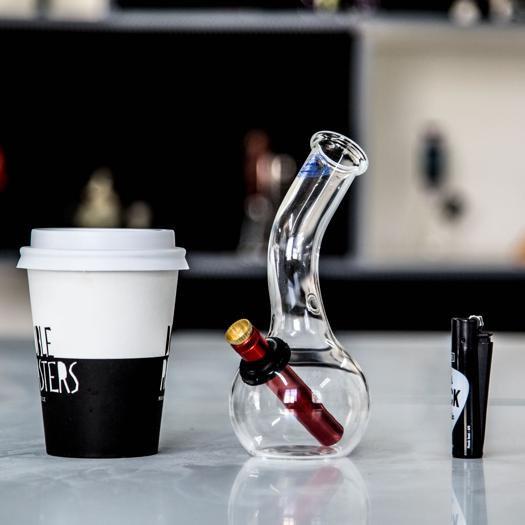 Agung bent neck Australian glass bong with coffee cup.