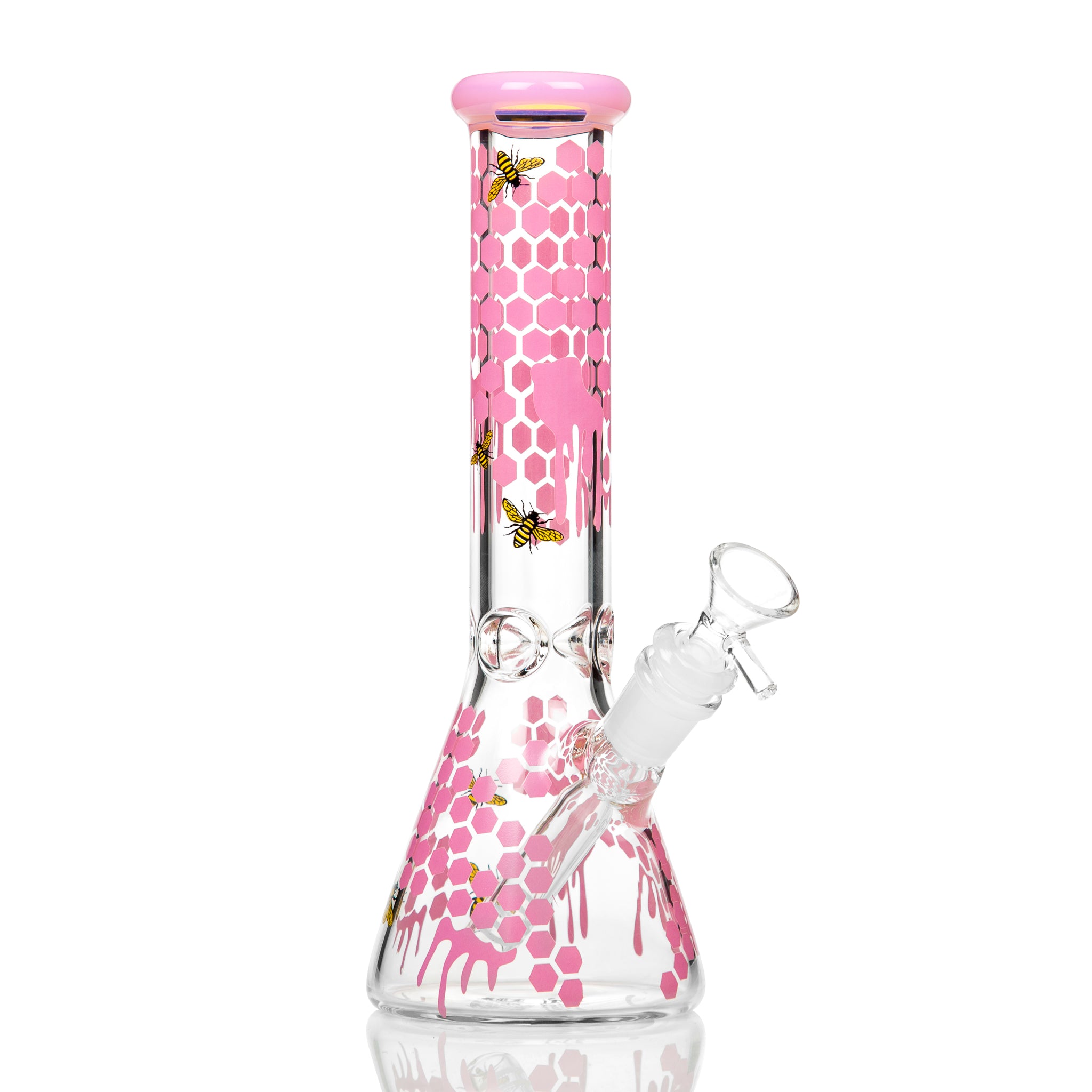 Cheap glass pink Honeybee beaker bong 28cm tall.