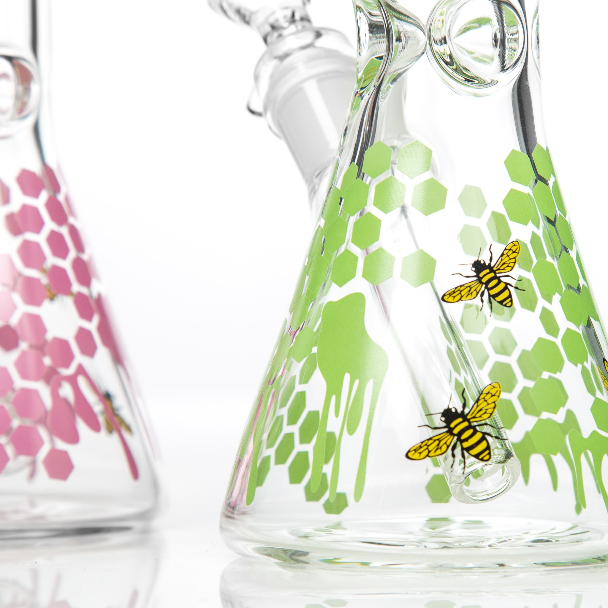 Closeup of decals on a honeybee glass beaker bong from Easy Bong Australia.