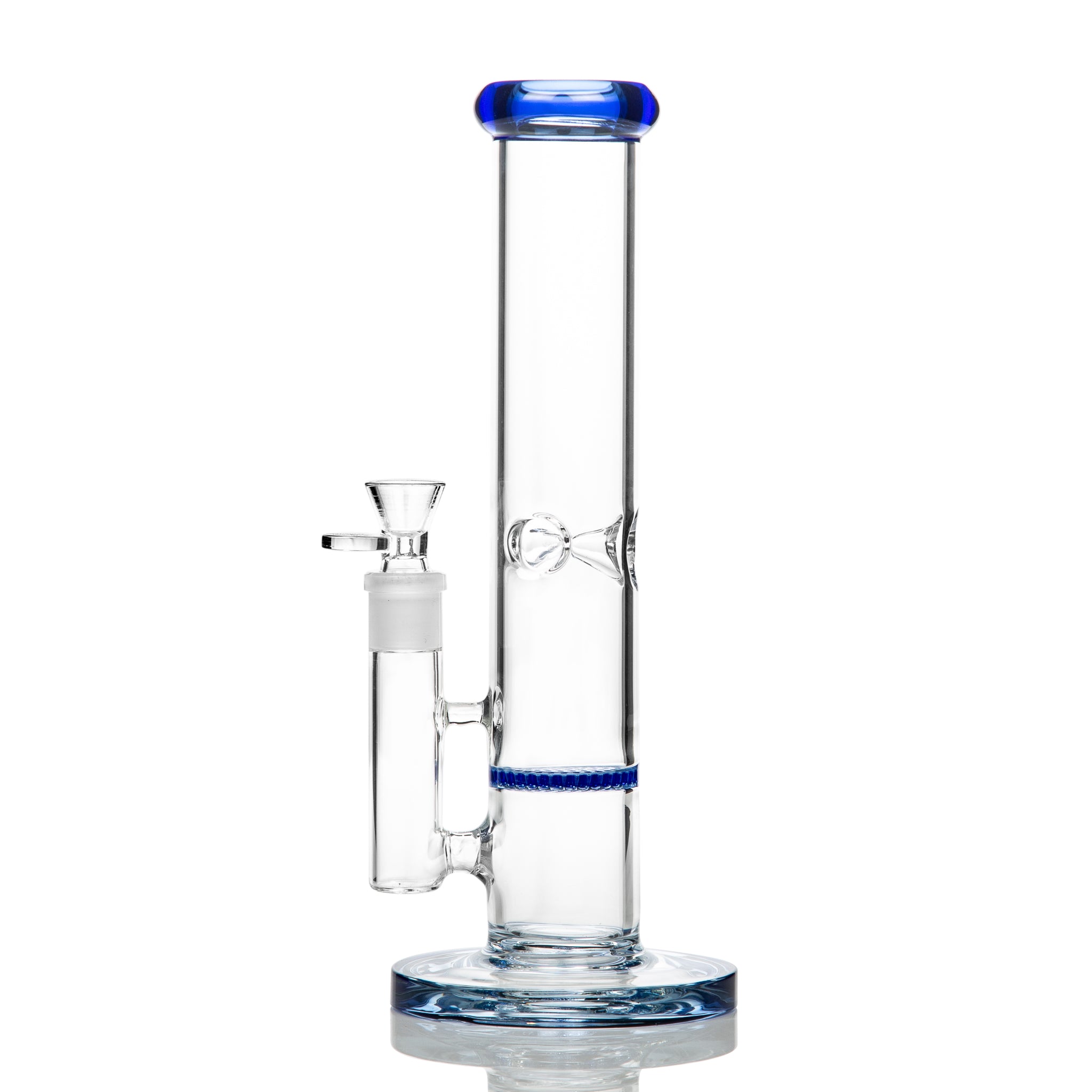 Blue lipped glass bong with honeycomb disc percolator.