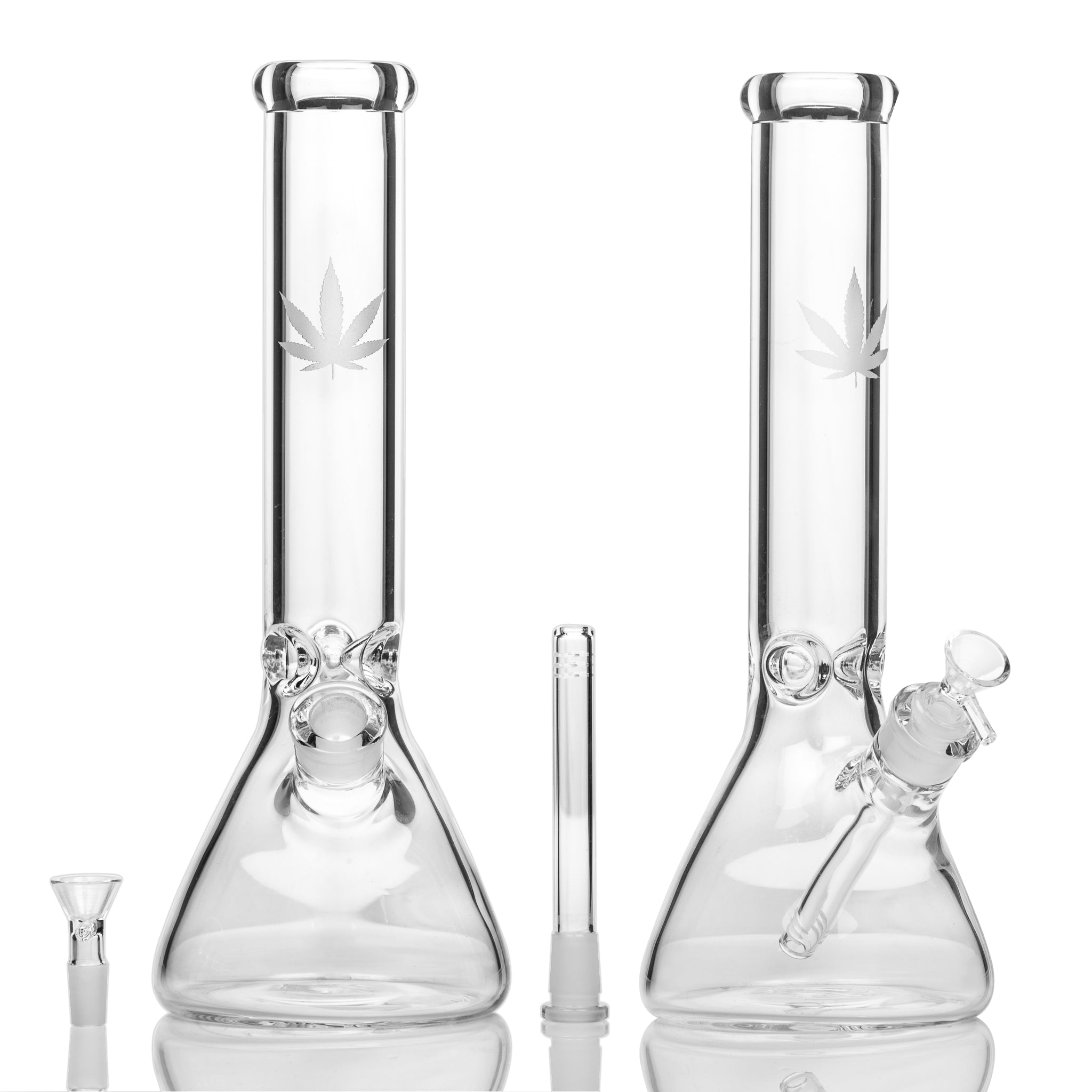 Australian glass beaker bong with sandblasted marijuana leaf.