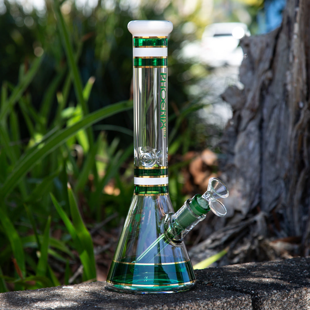 Phoenix Glass Beaker Bong 30cm Green White Gold