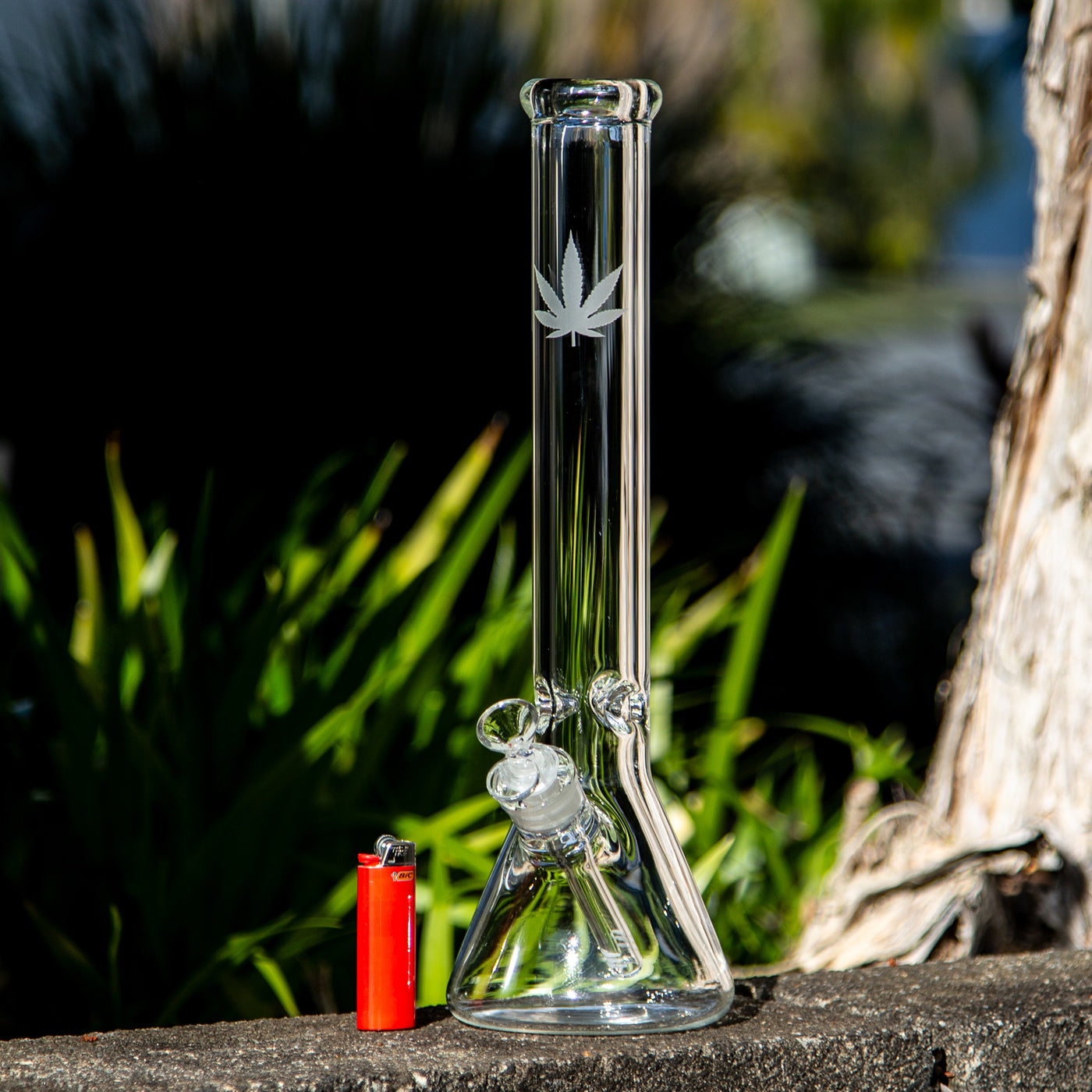 Glass beaker bong with weed leaf design available in Australia.