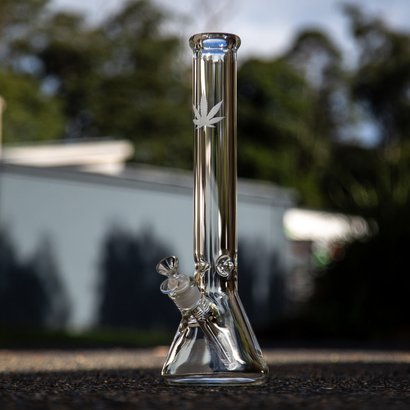 Thick glass beaker bong with weed leaf in NSW Australia.