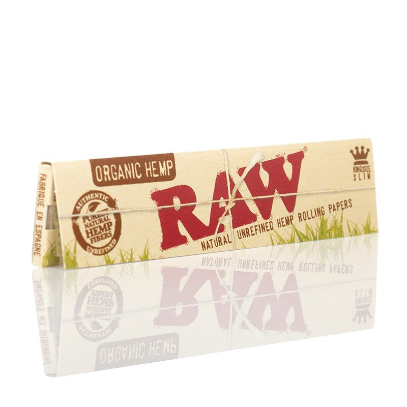 Raw brand organic king size hemp rolling papers for cigarette and weed smokers.