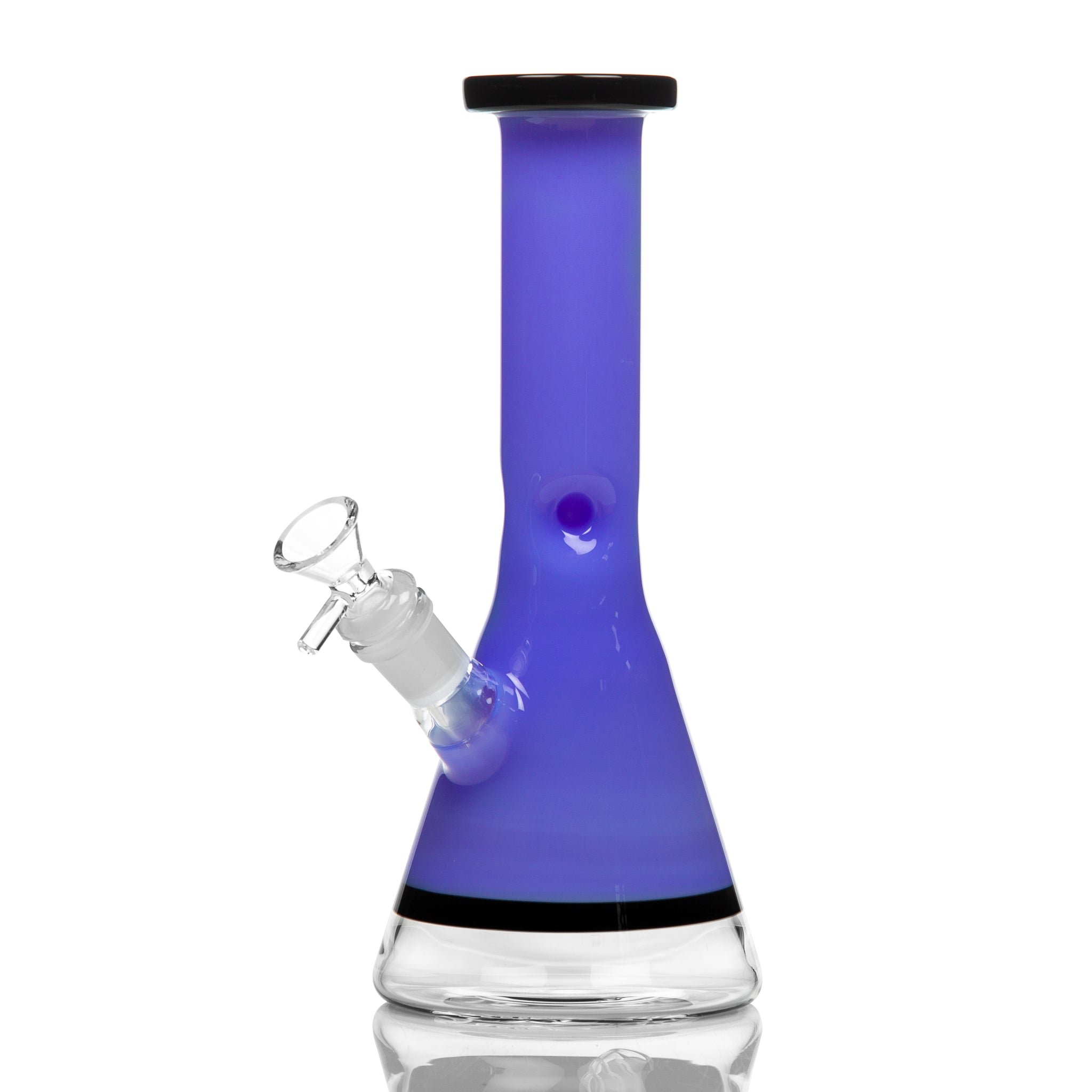 Colourful small cheap beaker bong with down stem and cone piece.