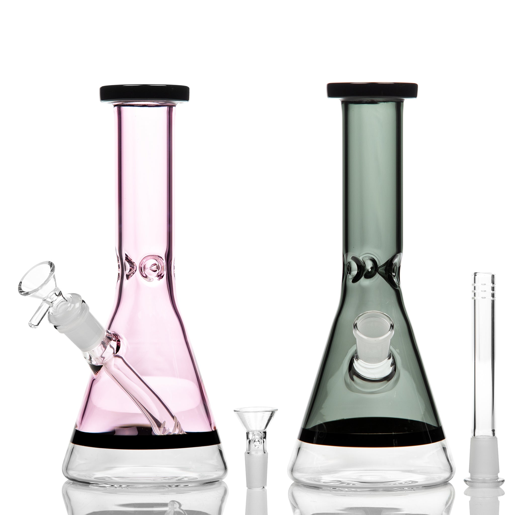 Colourful small beaker bong with down stem and cone piece.