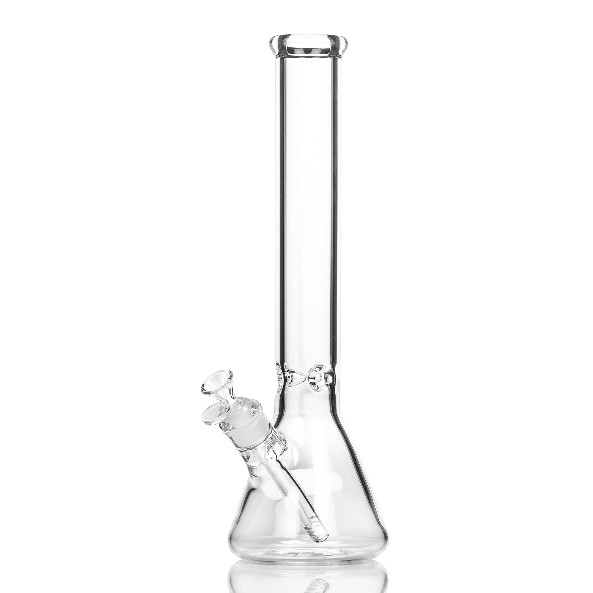 Cheap glass beaker bong with down stem and cone piece.