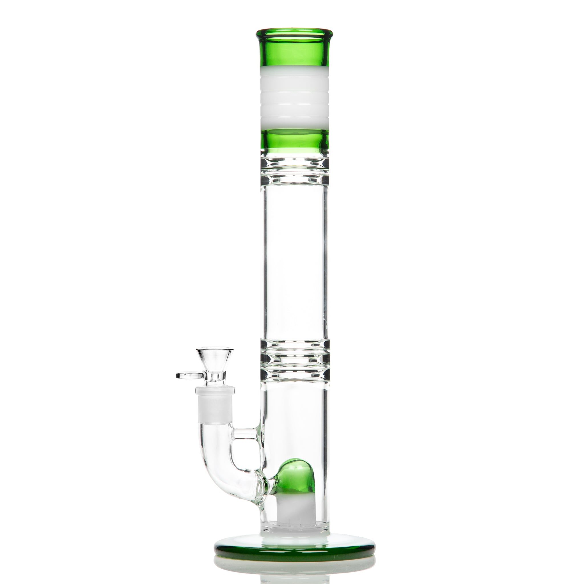 Straight glass bong with coloured glass and stemless design.