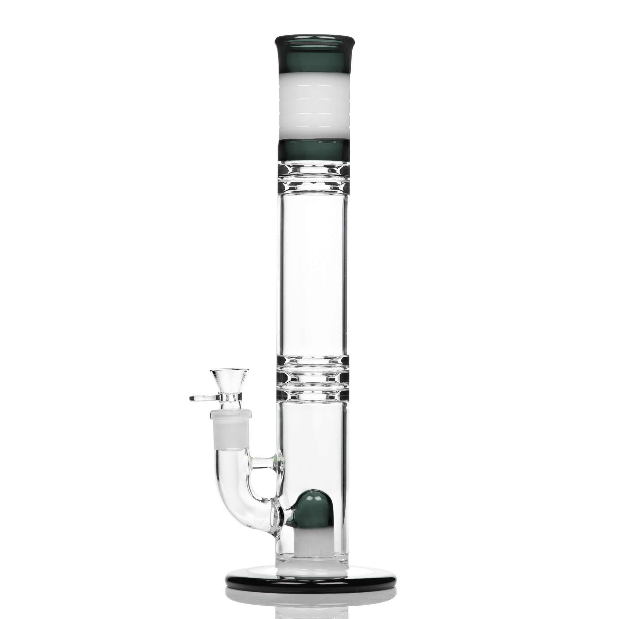 Straight glass bong with cap style perc and stemless 18mm joint.