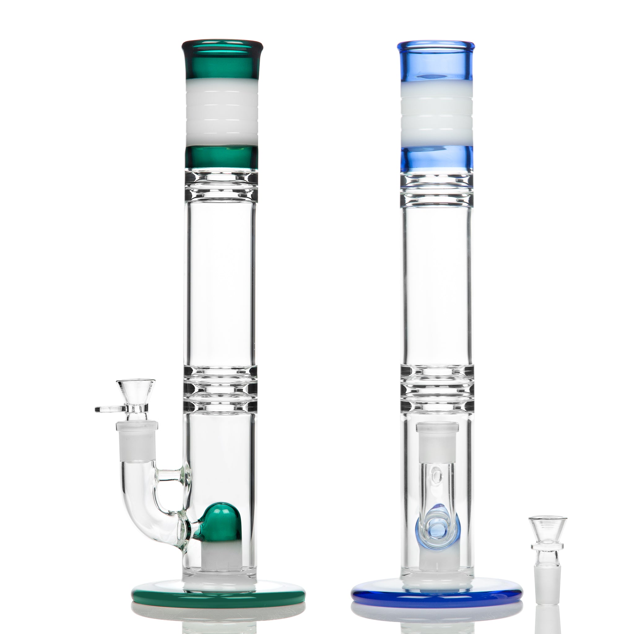 Straight glass bong with cap style perc and stemless 18mm joint.