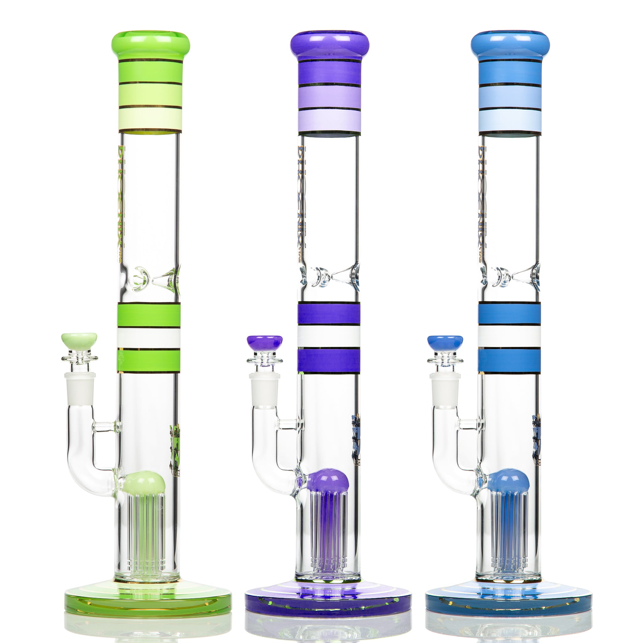 3 Phoenix glass bongs in differing colours.