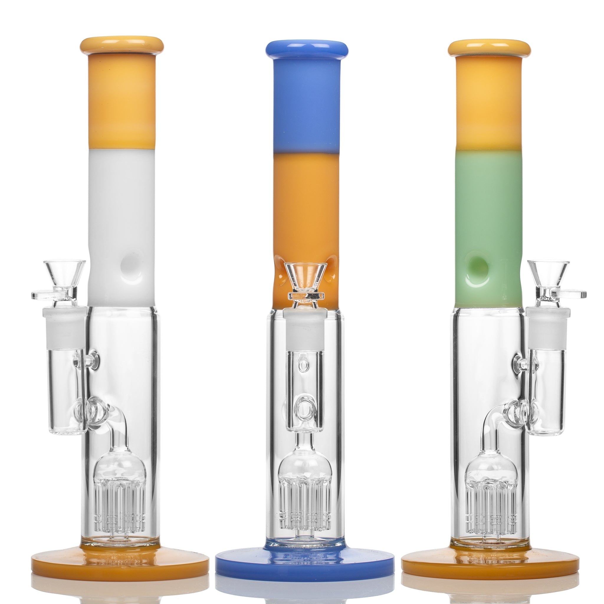 3 different colours of 30cm tall glass bongs with 8 arm percolators for high diffusion of smoke for a smooth draw.