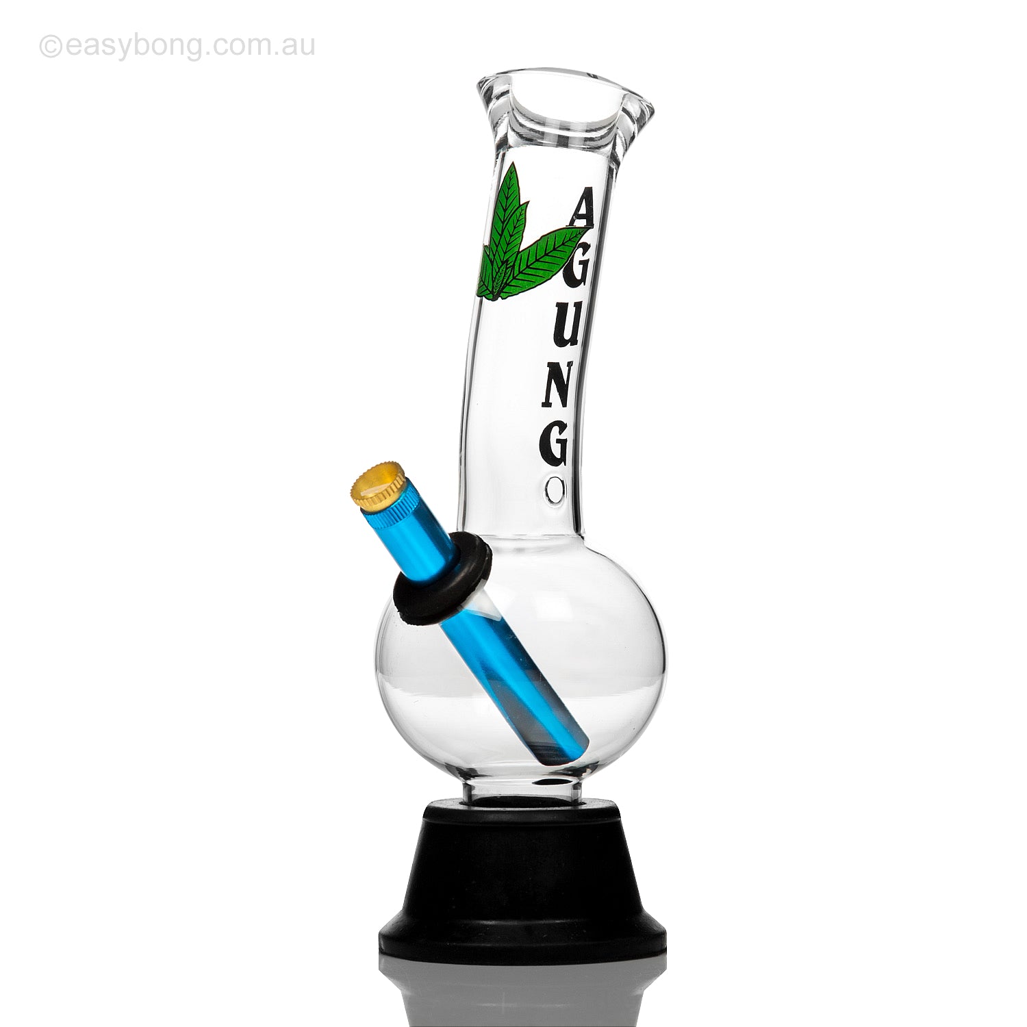 Agung Cheech leaf Aussie style bong with  weed leaf design and Agung lettering.