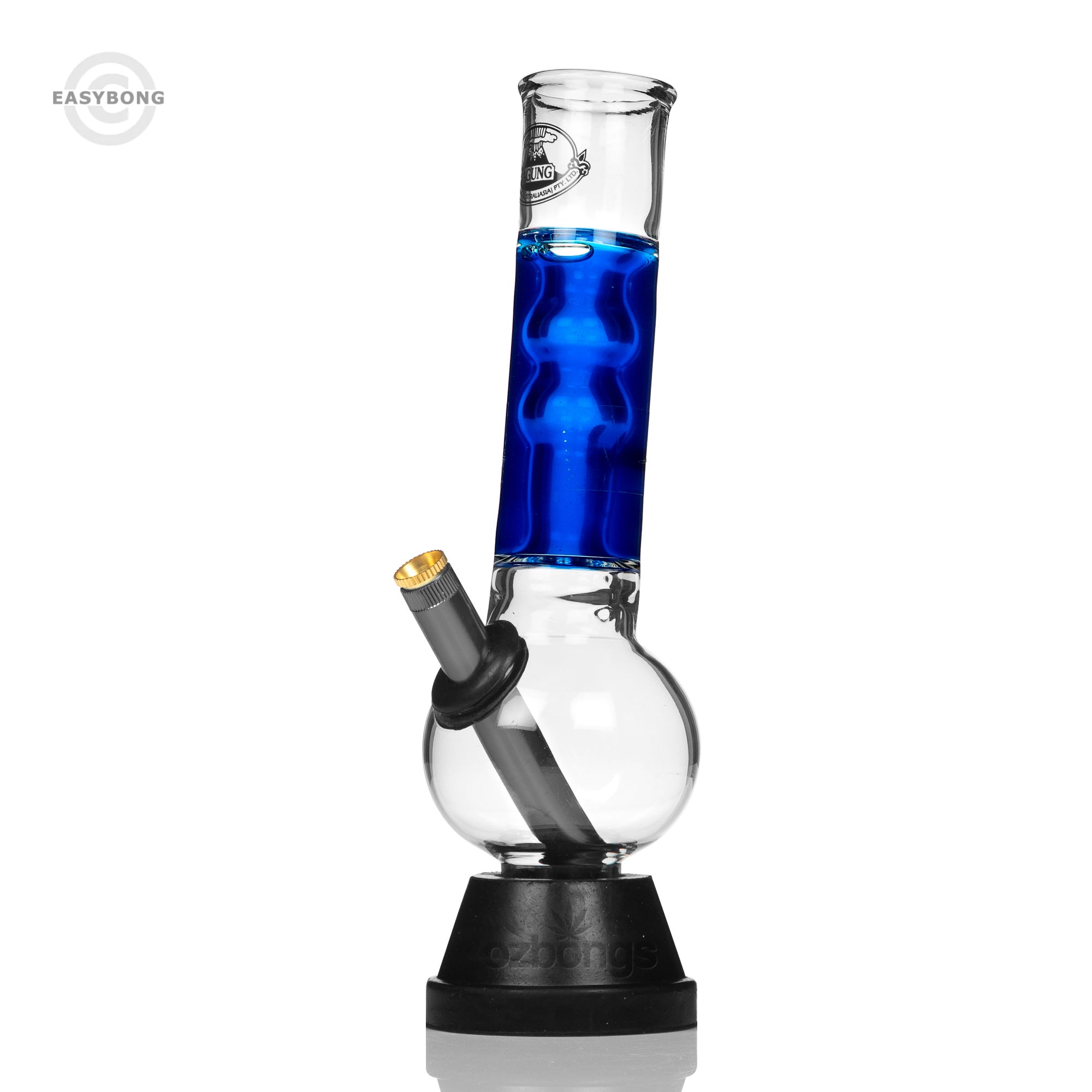 Glass bong with blue water chamber on a white background, branded 'EasyBong'.