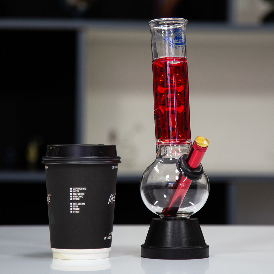 Agung glass bubble bong with glycerine in neck.