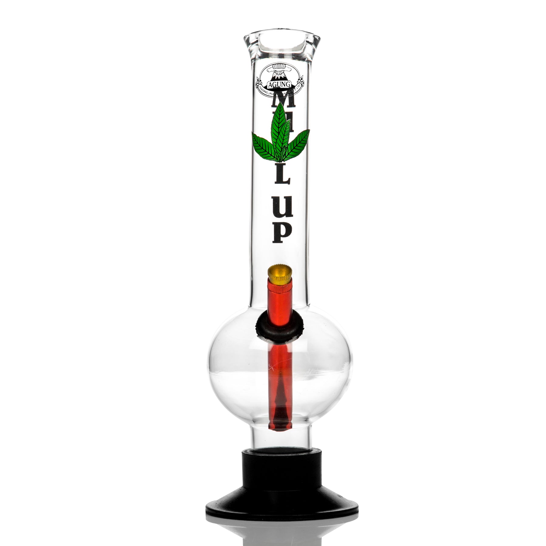 Aussie style Agung glass bong with Mull Up and a cannabis leaf dcal.