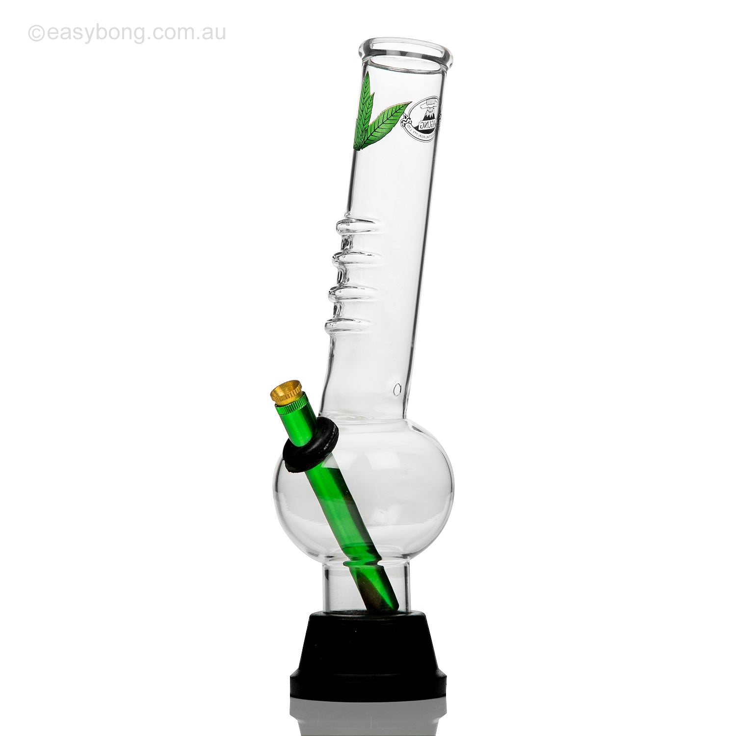 Cheap Aussie style bong with cannabis leaf motif and hand grip.