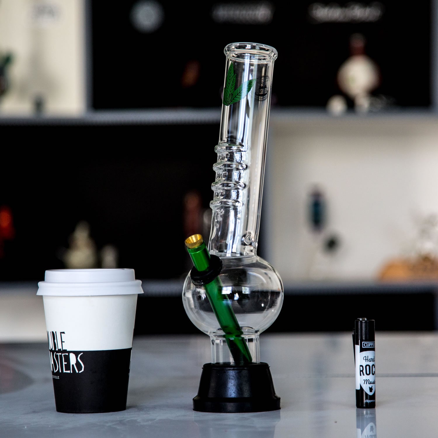 Agung glass bong with metal stem and brass cone piece for Aussie weed smokers.