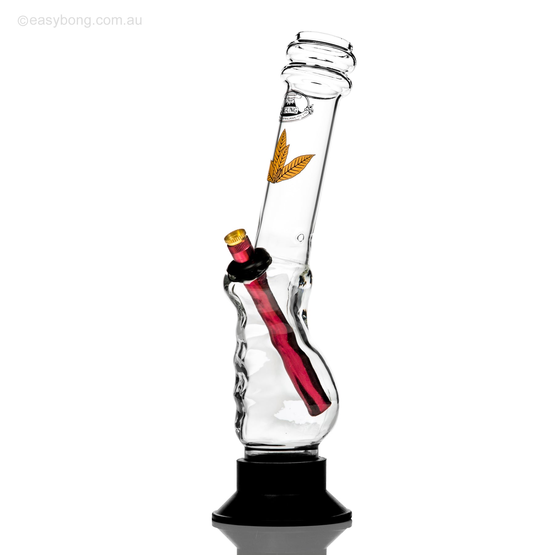 Agung Gripper pyrex glass bong with cannabis leaf decal on the neck.