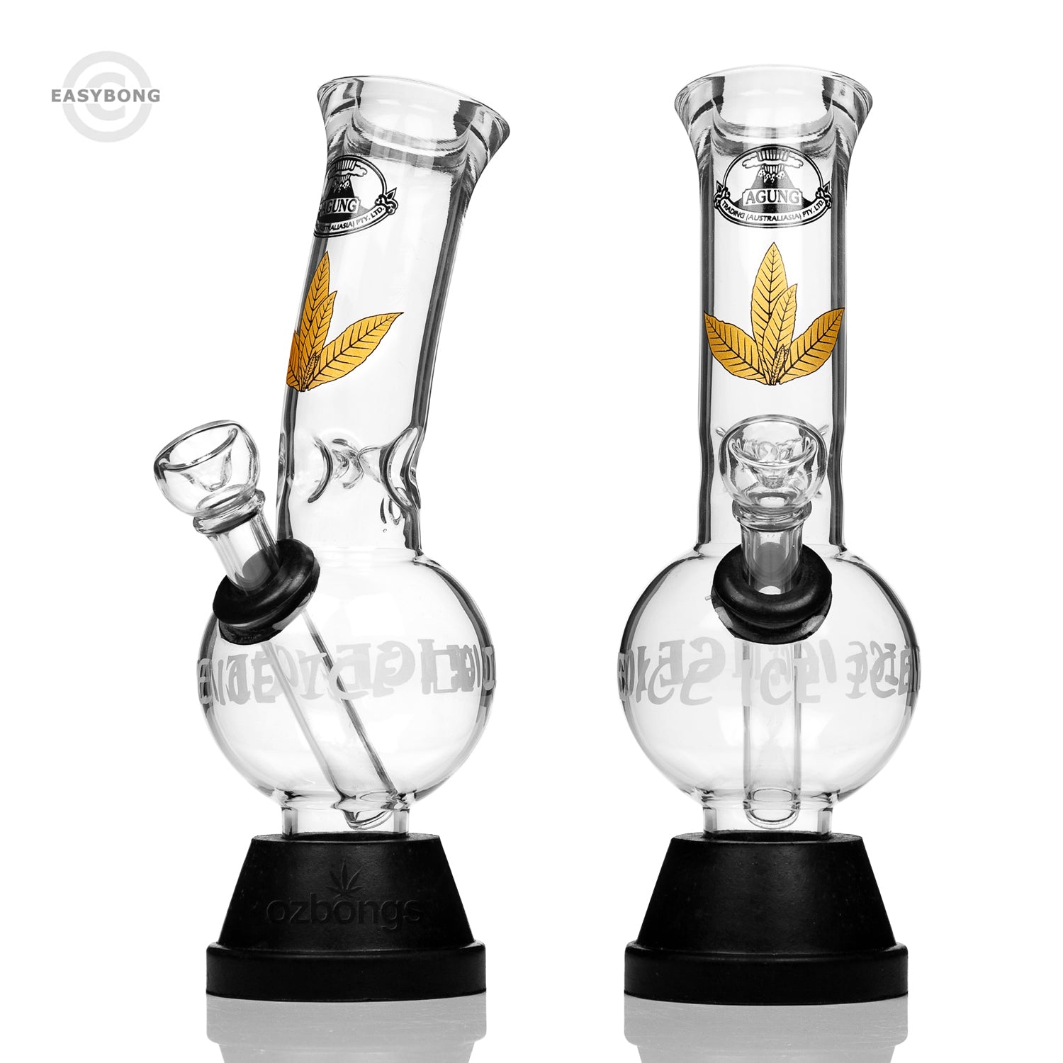 Agung glass bubble bongs with gold leaf designs on the neck at Easybong.