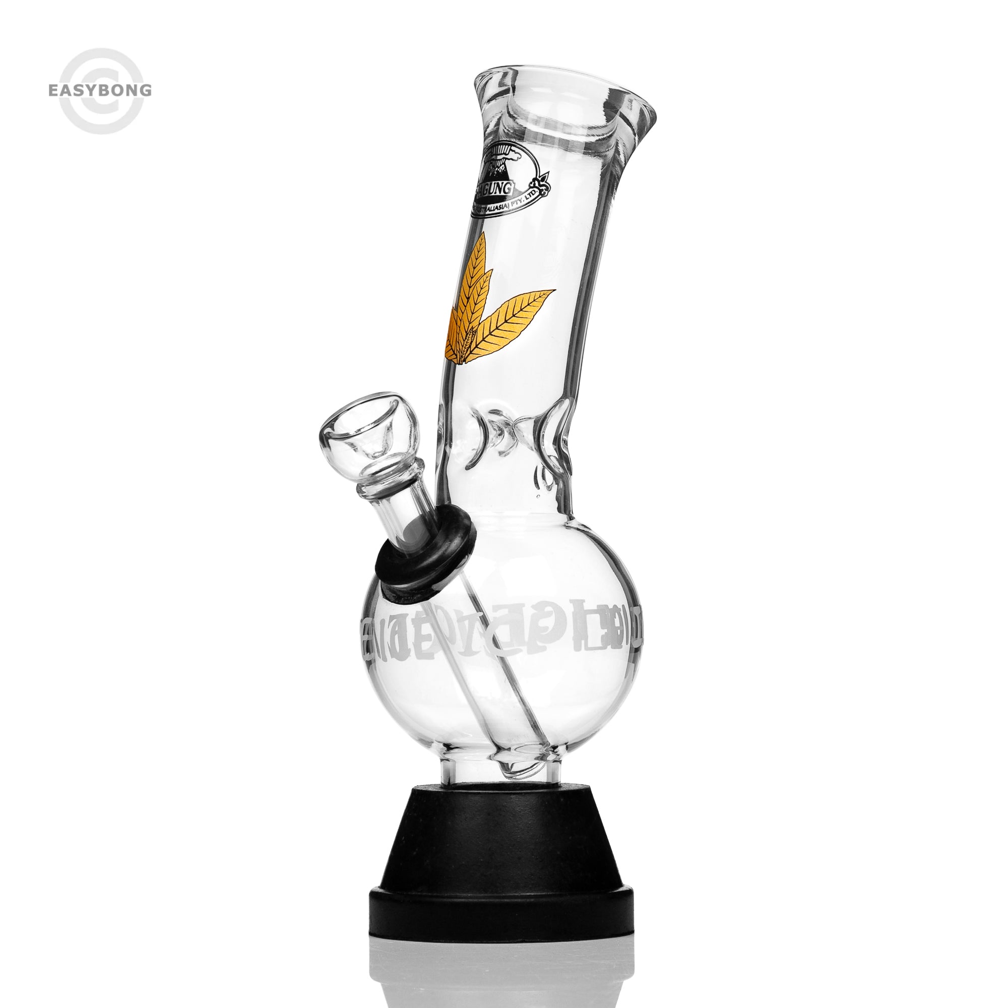 Glass bong with black base and gold leaf design on a white background, featuring the EasyBong brand.