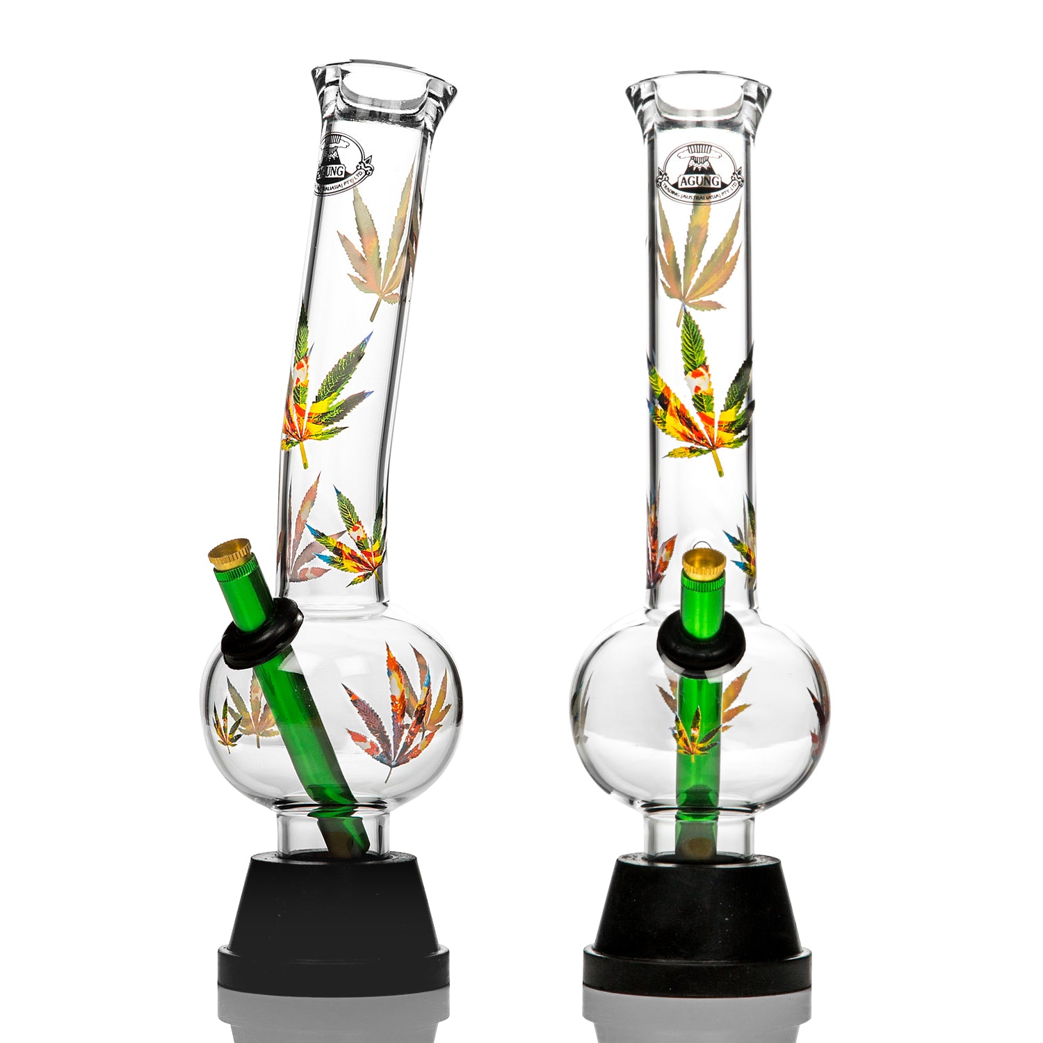 Agung glass bong withe clear glass and marijuana leaf decals.