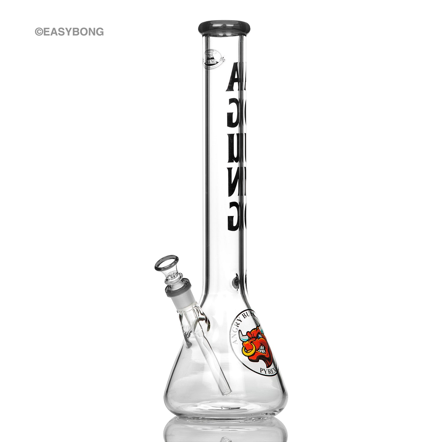 Agung tall glass beaker bong with coloured accents.