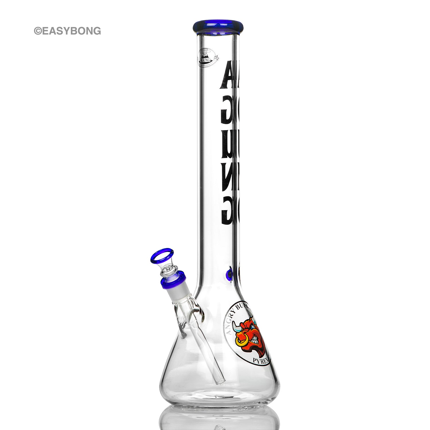 Agung tall glass beaker bong with coloured accents.