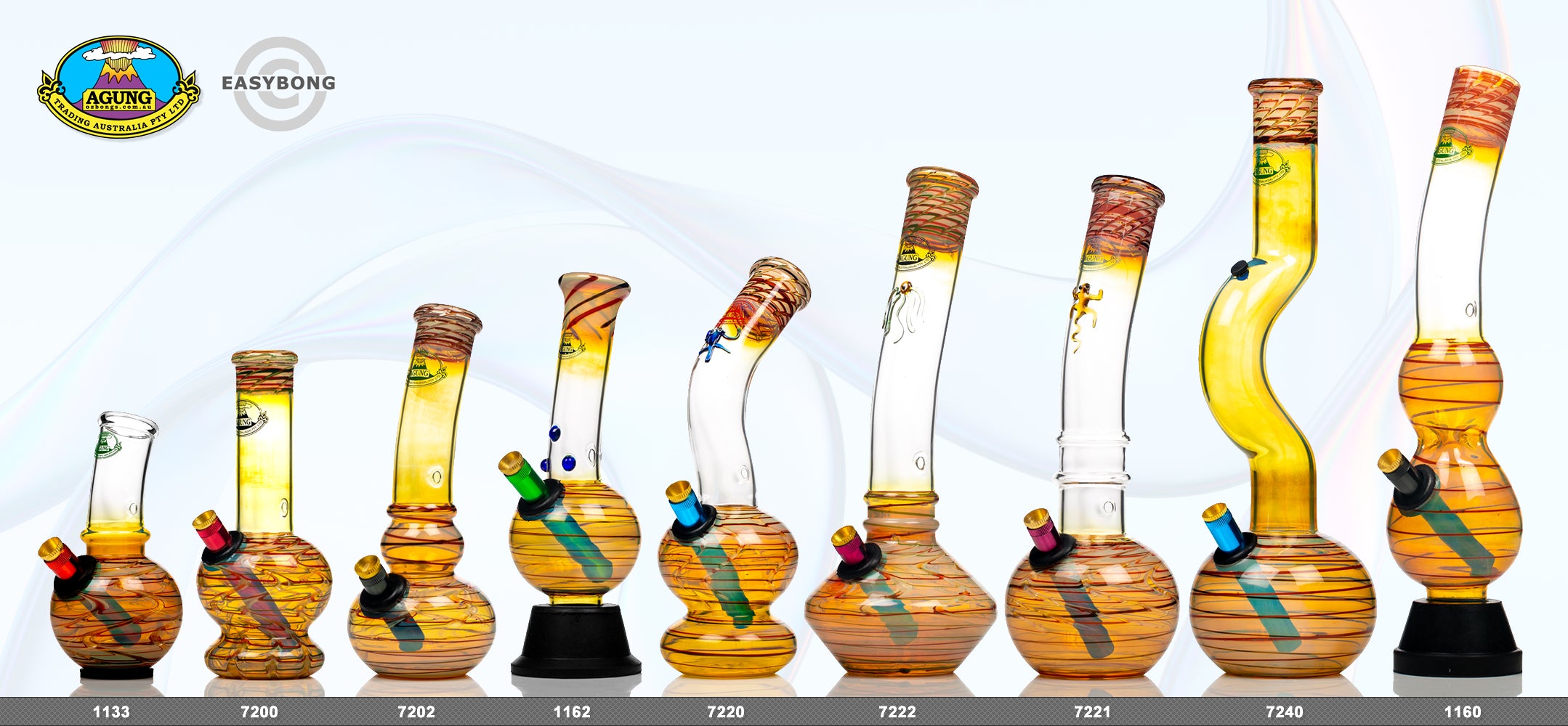 Side by side showing size difference of Australian Agung glass bongs.