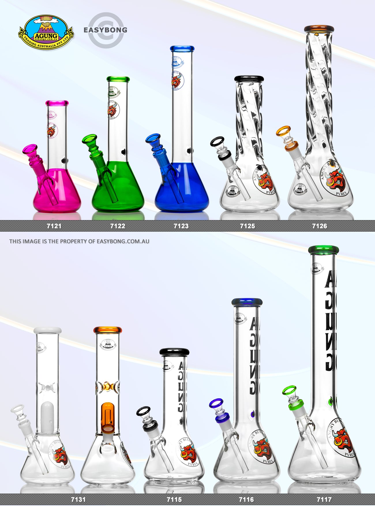 Agung glass beaker bongs in various sizes from small to large.