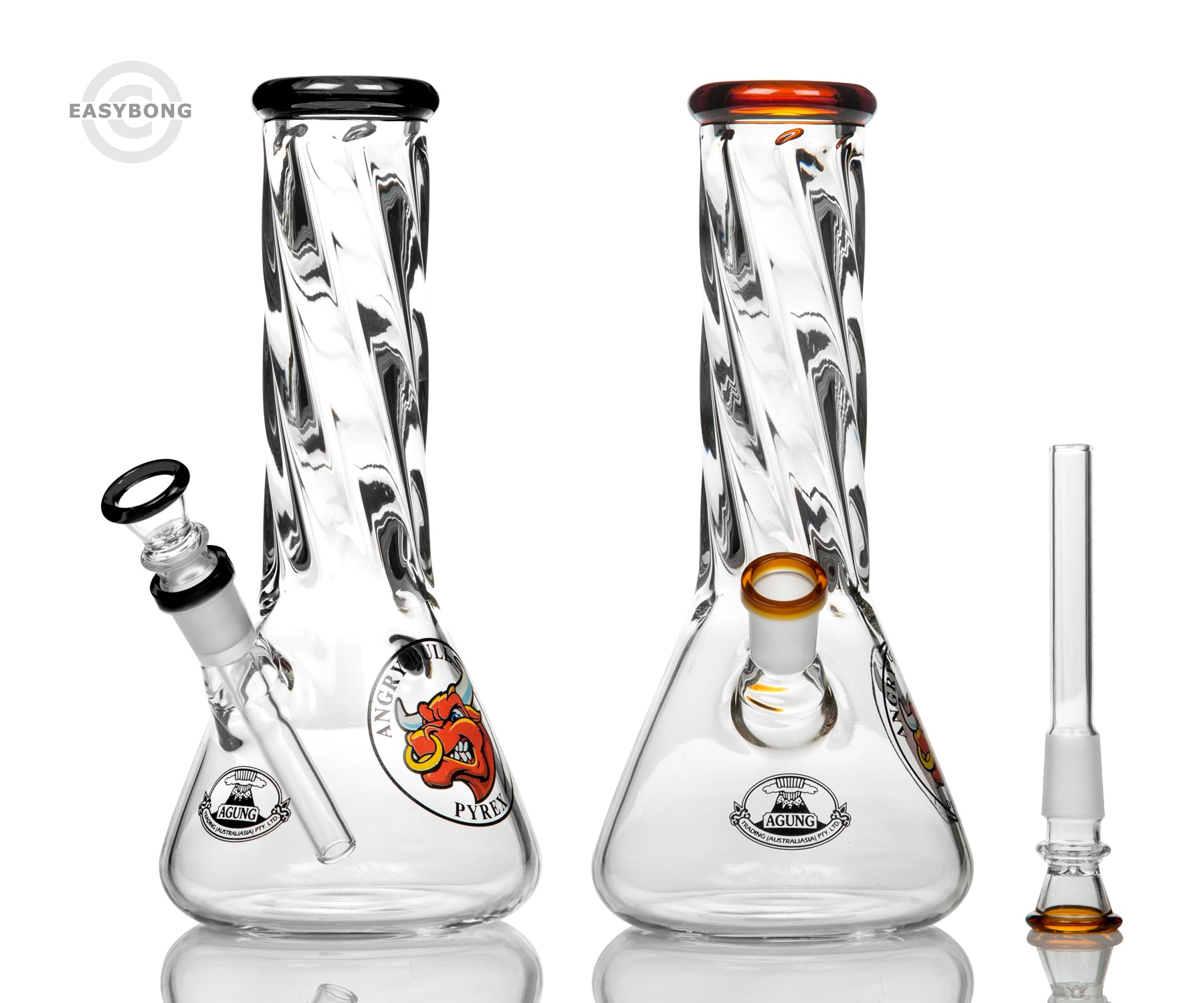 Small sized glass beaker bongs from Agung Australia made from spiral glass.