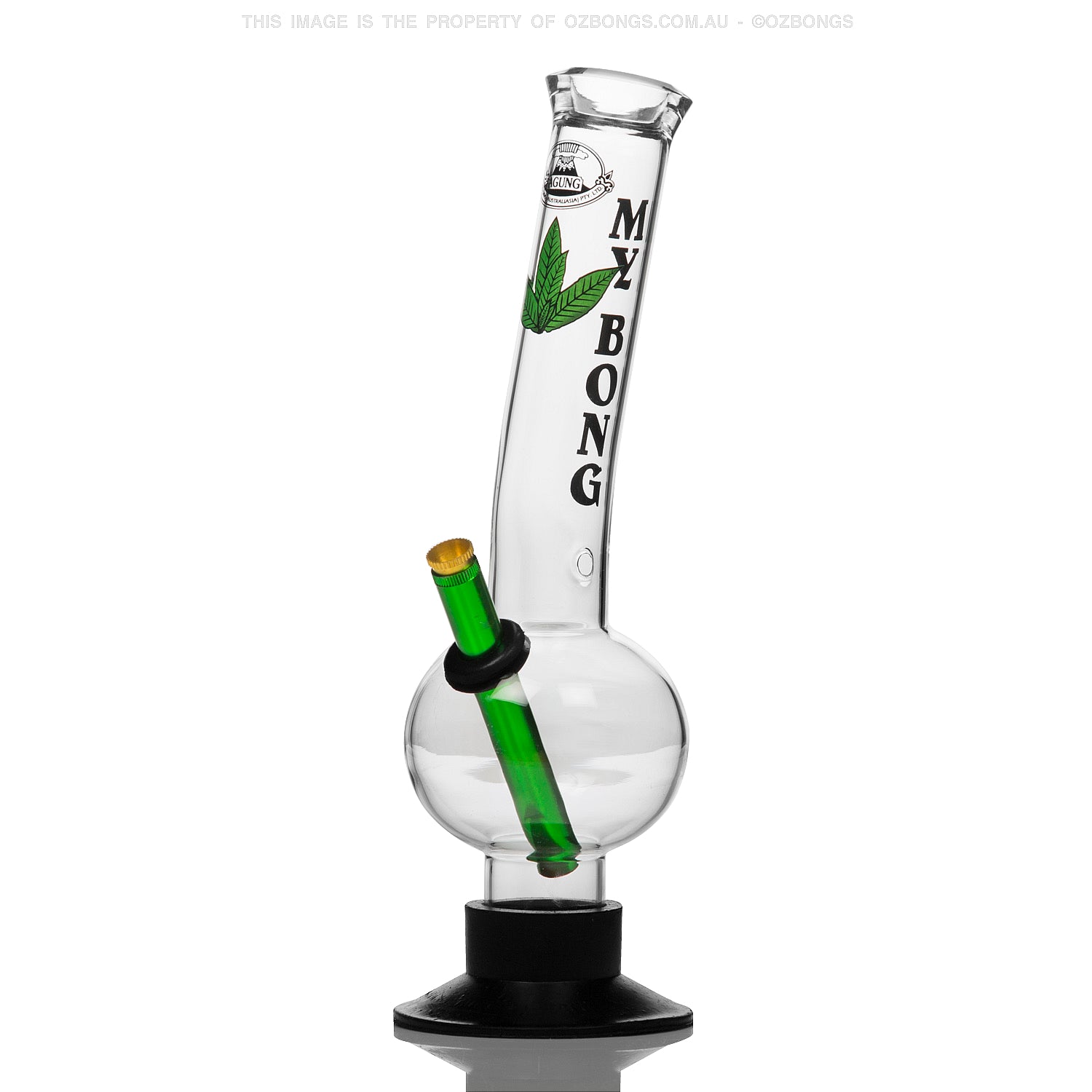 32cm tall cheap glass bong from Agung Australia with my bong decals and weed leaf design.