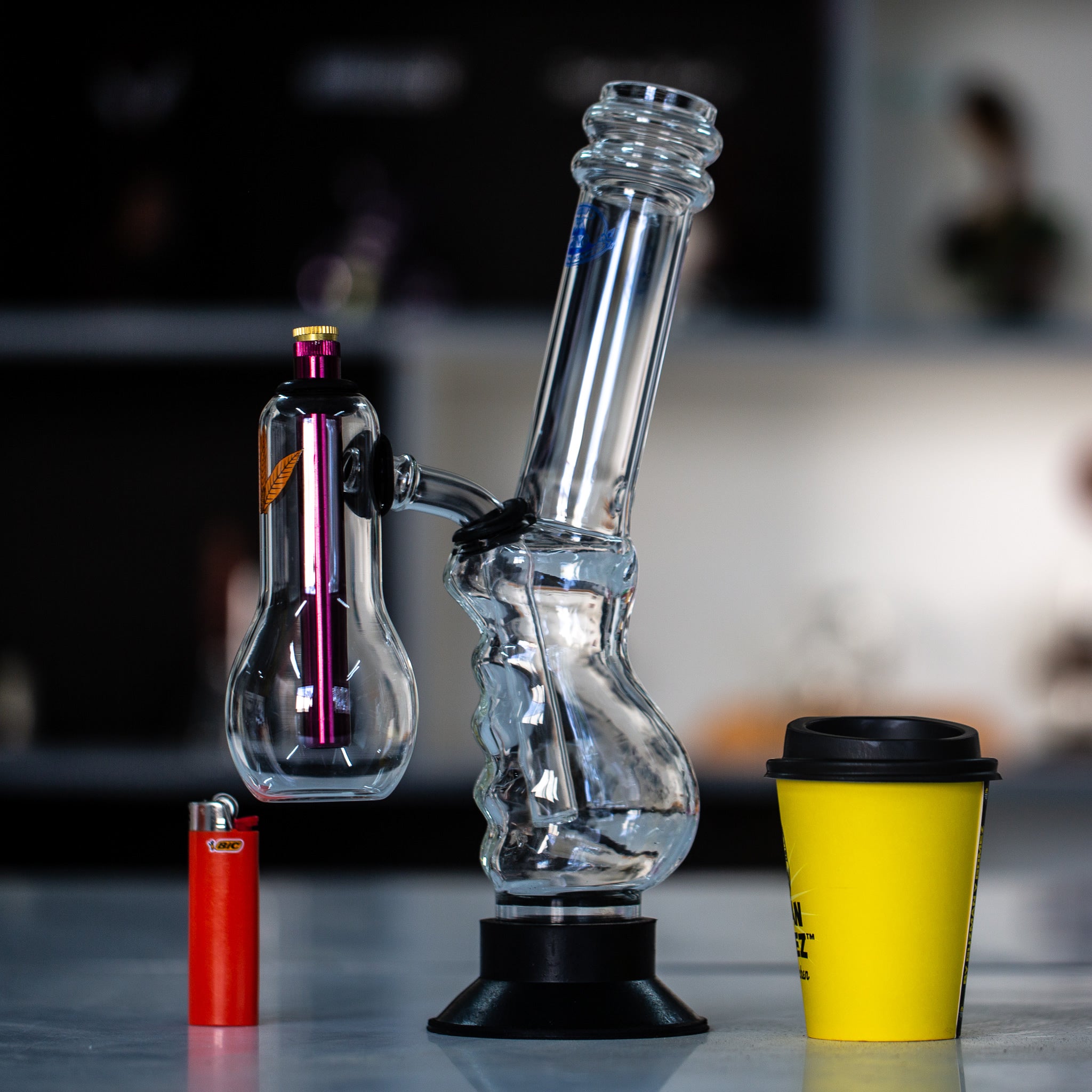 Glass double chamber bong designed for Aussie stoners with metal stem and brass cone piece.