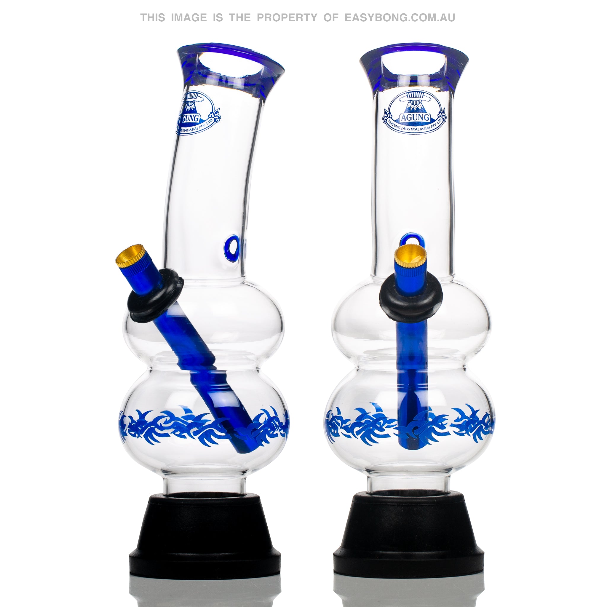 26cm tall Agung Aussie style pyrex glass bong with blue accents.