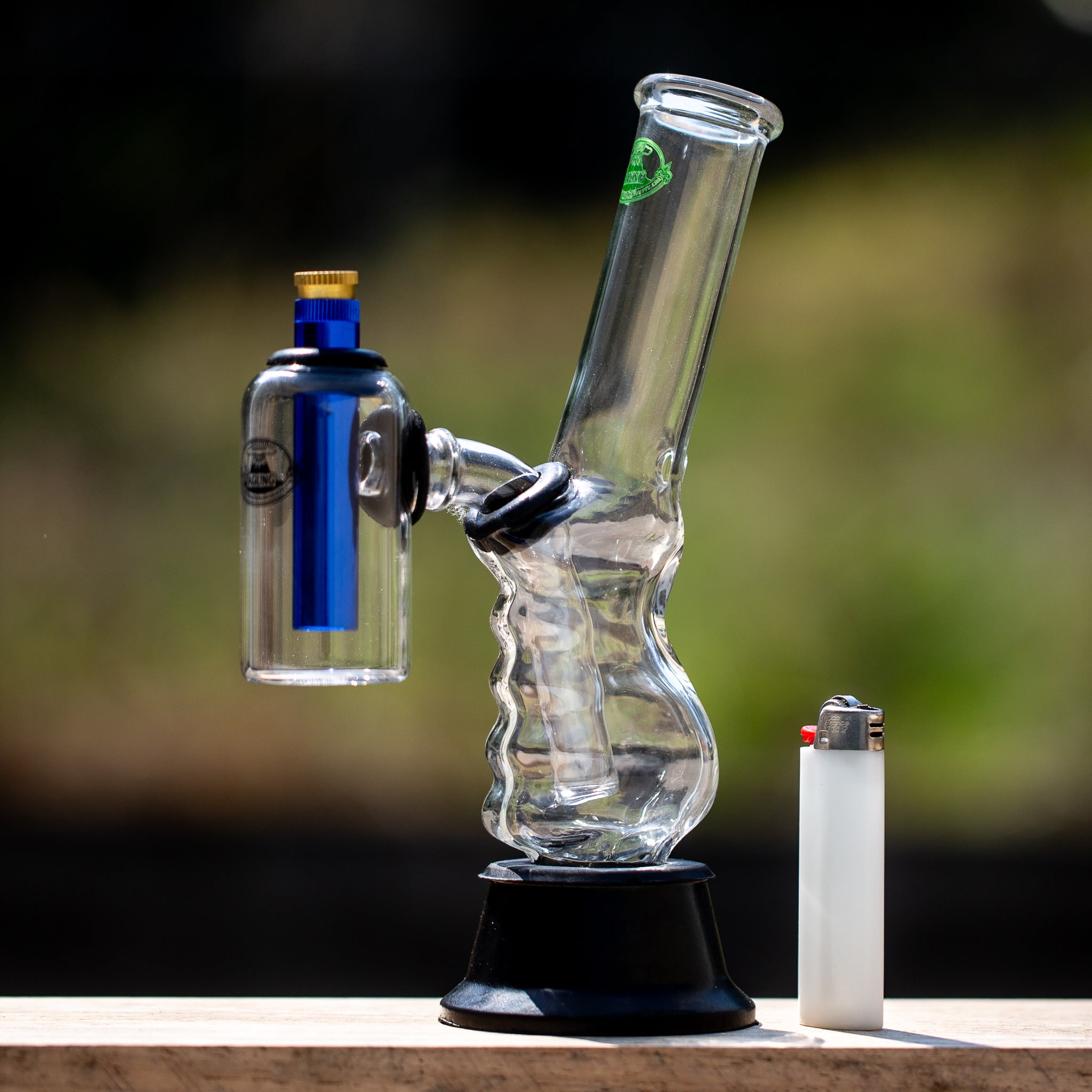 Outdoor shot of Agung gripper bong with double chamber.