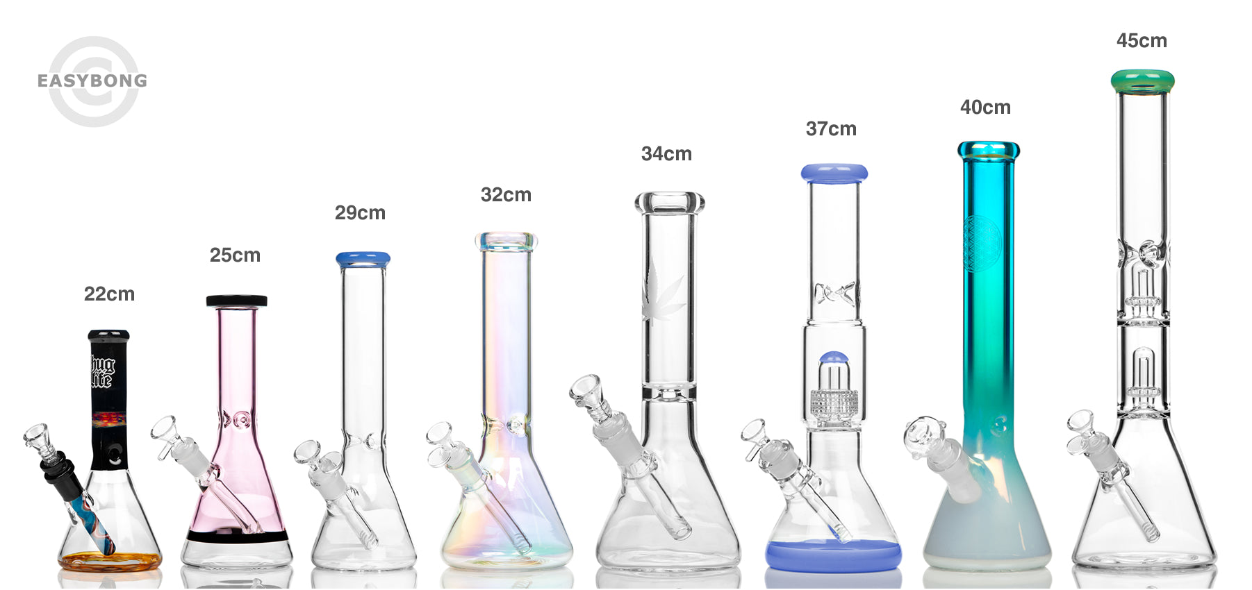 Small to large size glass beaker bongs in comparison.
