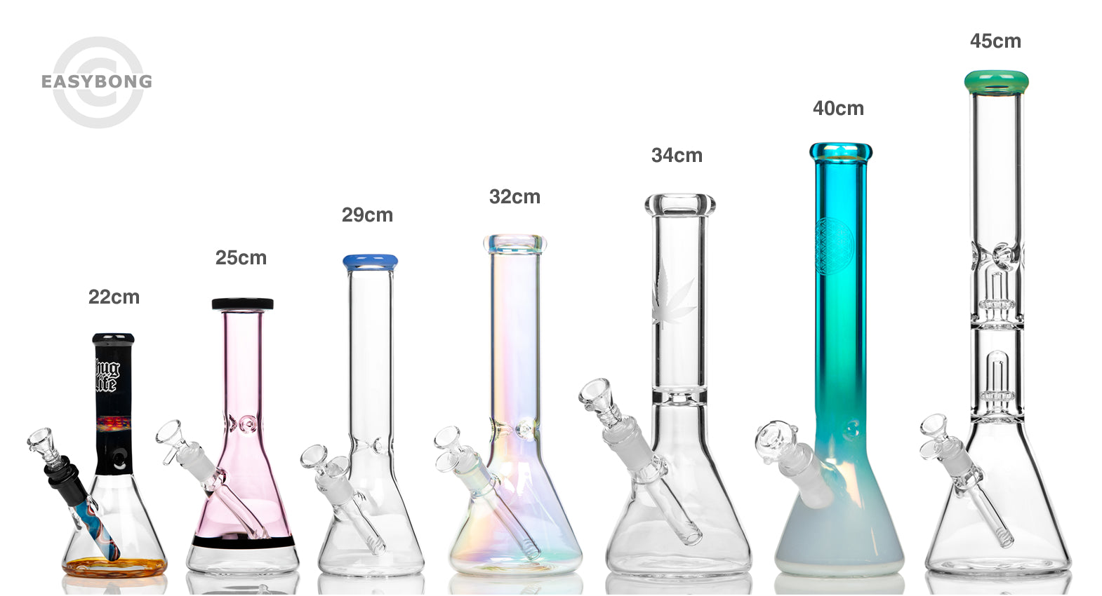 Glass beaker bong size comparison from small to large.