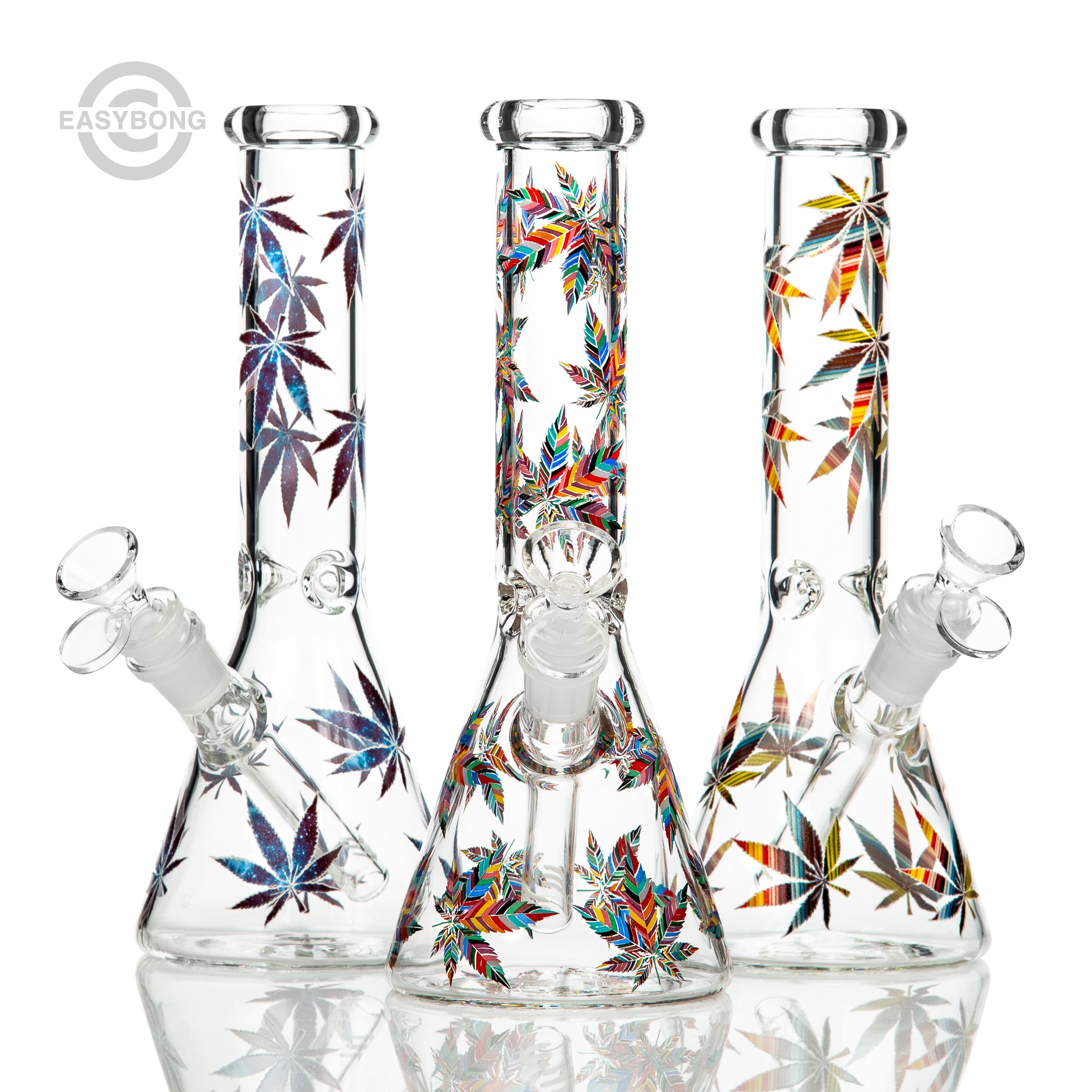 Cheap glass beaker bong with cannabis leaf decals and comes with down stem and glass cone piece.