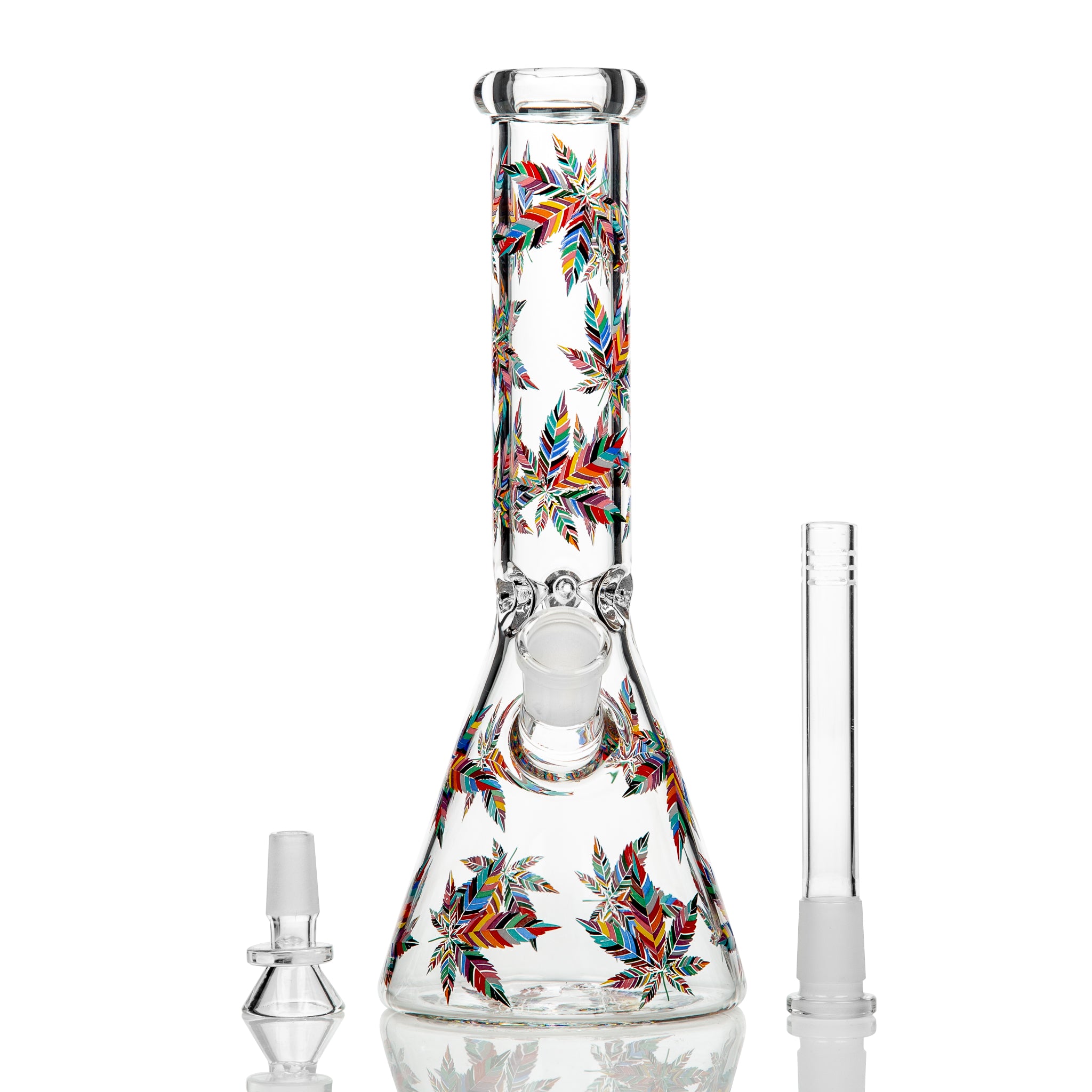 Cheap glass beaker bongs with Marijuana leaf decals in Australia.