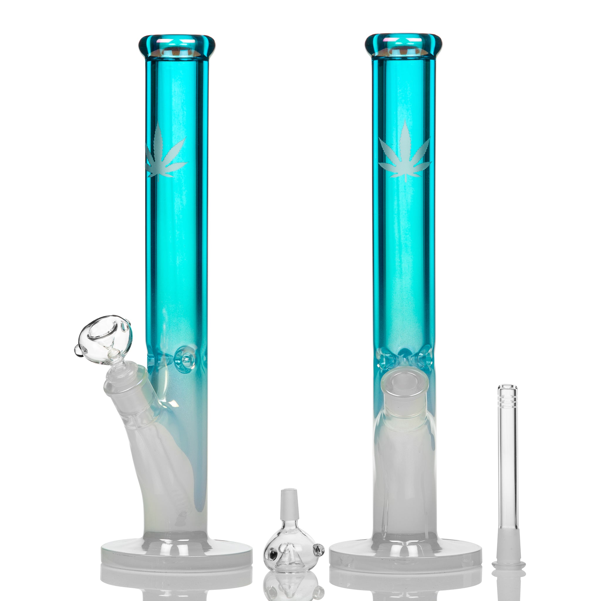 A tall and straight Chromatic glass bong with an etched leaf design in neck at EasyBong Australia.